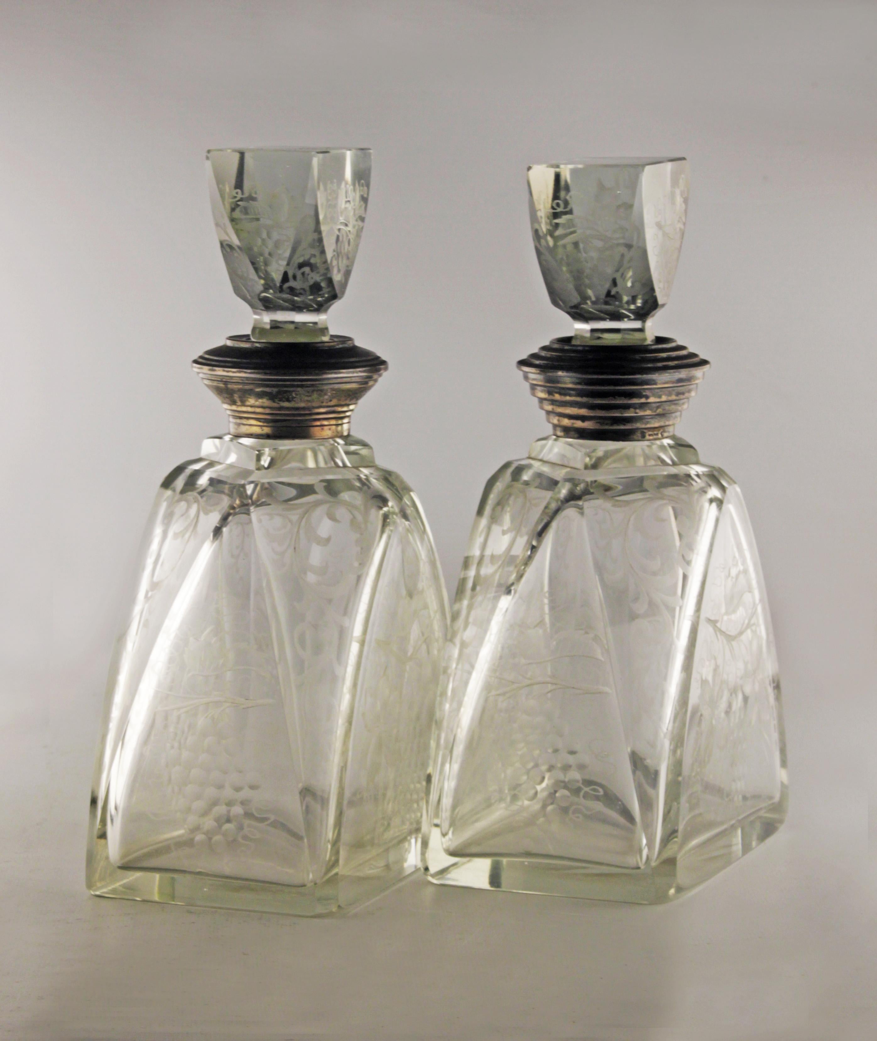 Art Deco Pair of Art Déco Etched Glass Liquor Decanters with Sterling Silver Necks For Sale