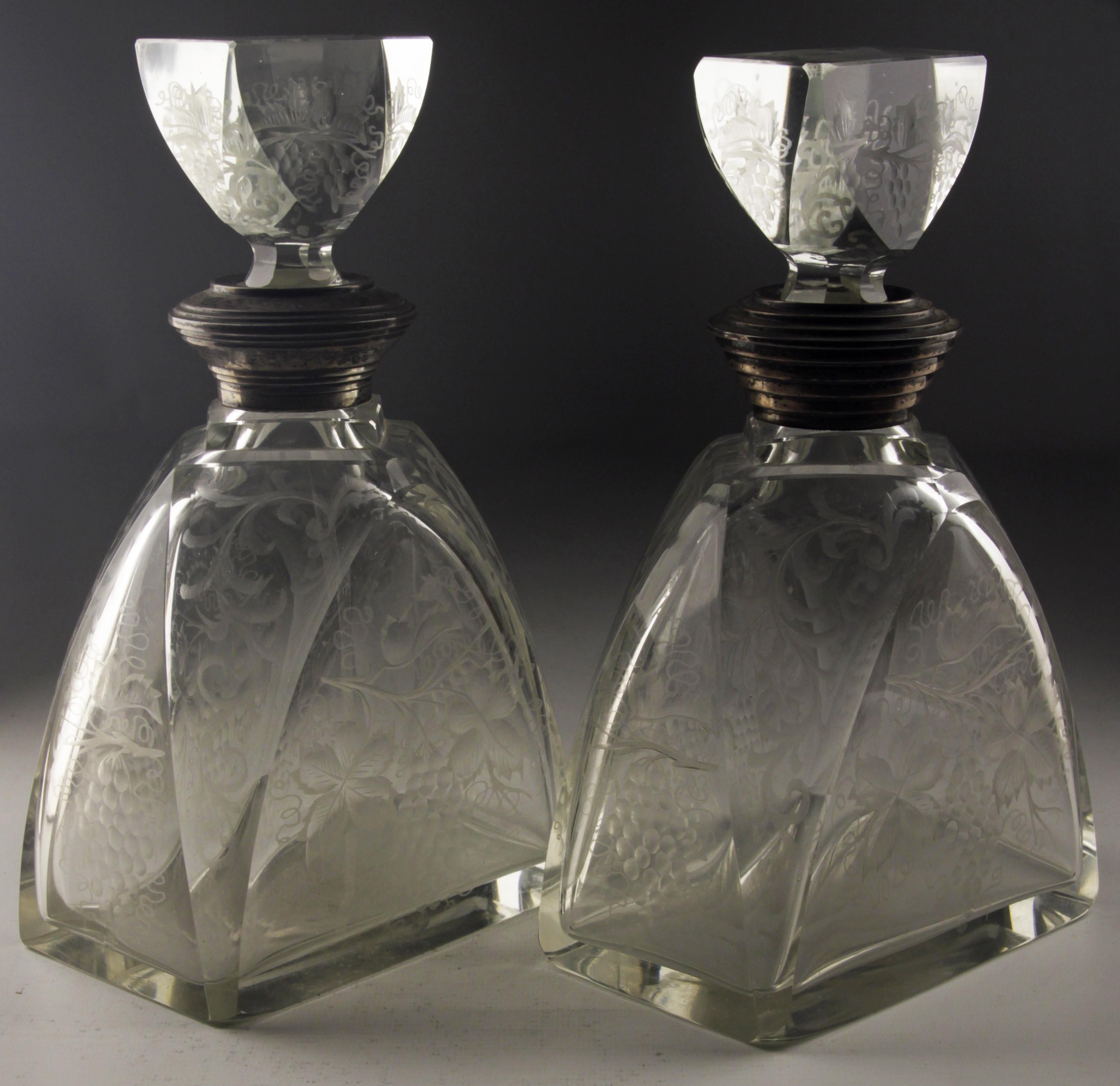 Cut Glass Pair of Art Déco Etched Glass Liquor Decanters with Sterling Silver Necks For Sale