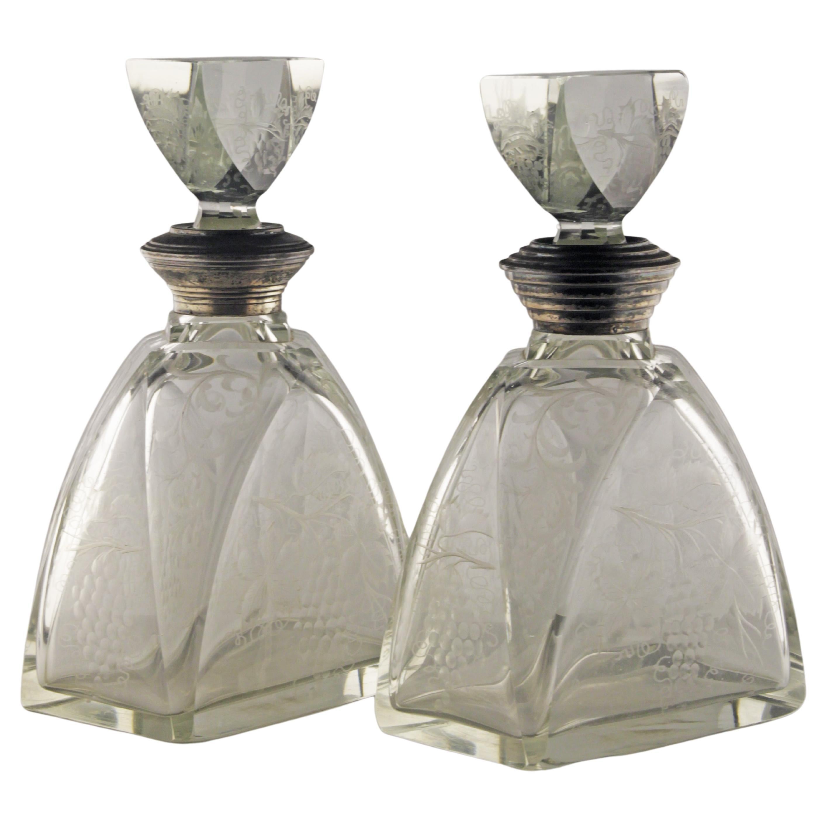 Pair of Art Déco Etched Glass Liquor Decanters with Sterling Silver Necks For Sale