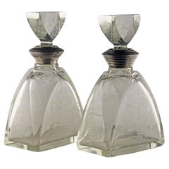 Antique Pair of Art Déco Etched Glass Liquor Decanters with Sterling Silver Necks
