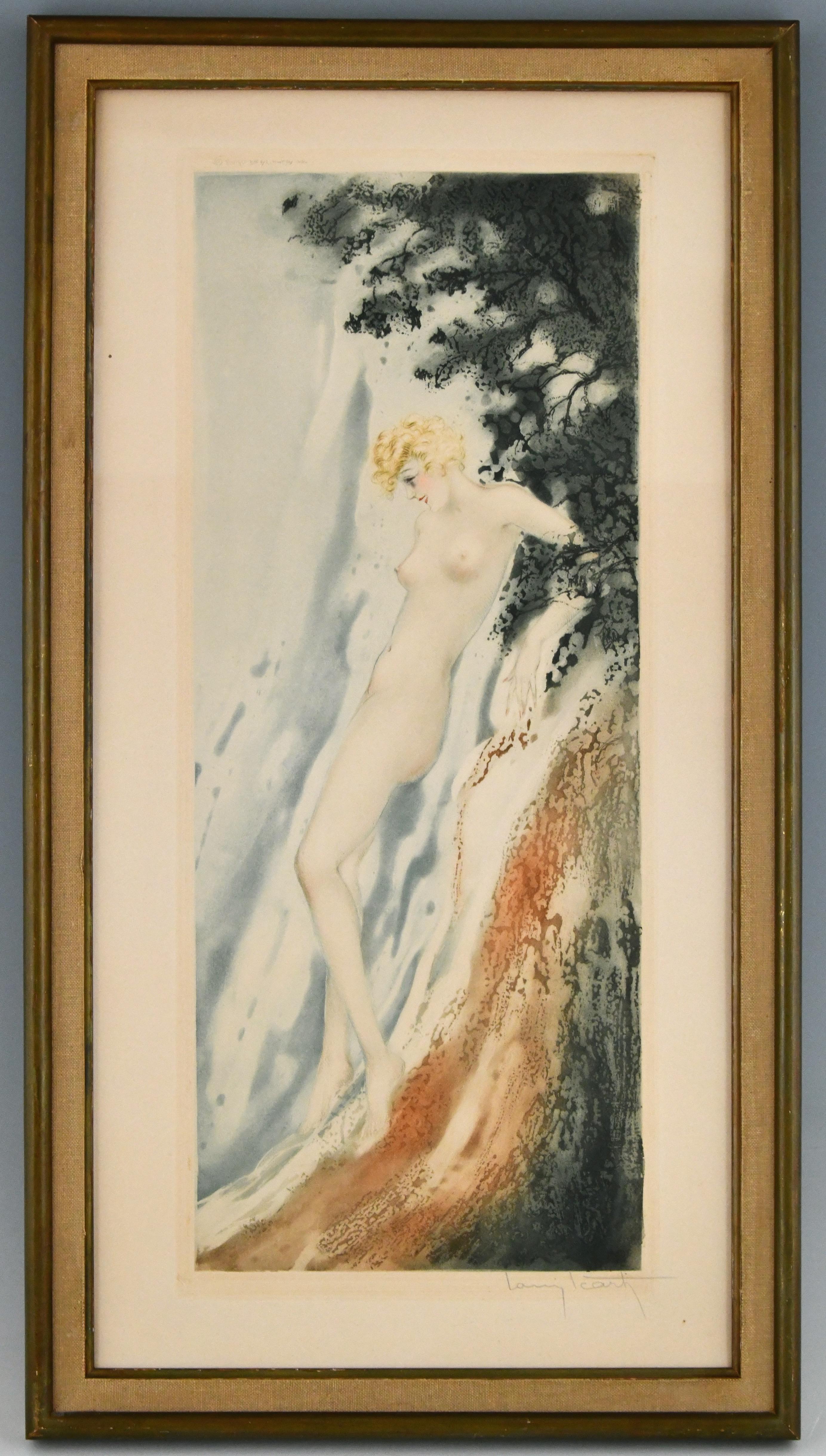Pair of original Art Deco etchings with nudes in the waves.
One called La Source, the other Le jet d'eau.
Signed by Louis Icart (1888-1950) with windmill blindstamp, dated 1936.
Etching, drypoint and aquatint, printed with colour and hand