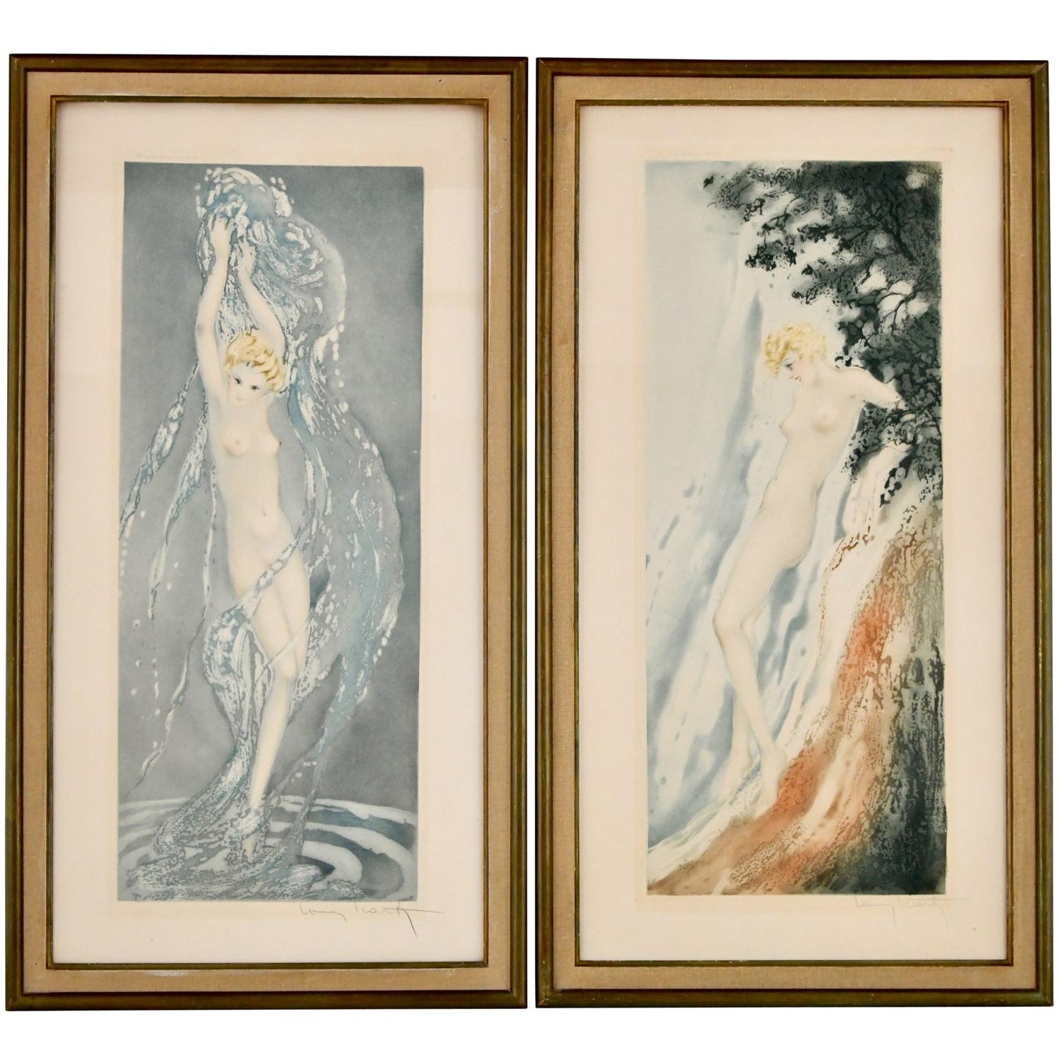 Pair of Art Deco Etchings Nudes in the Waves Louis Icart, France, 1936