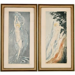 Pair of Art Deco Etchings Nudes in the Waves Louis Icart, France, 1936