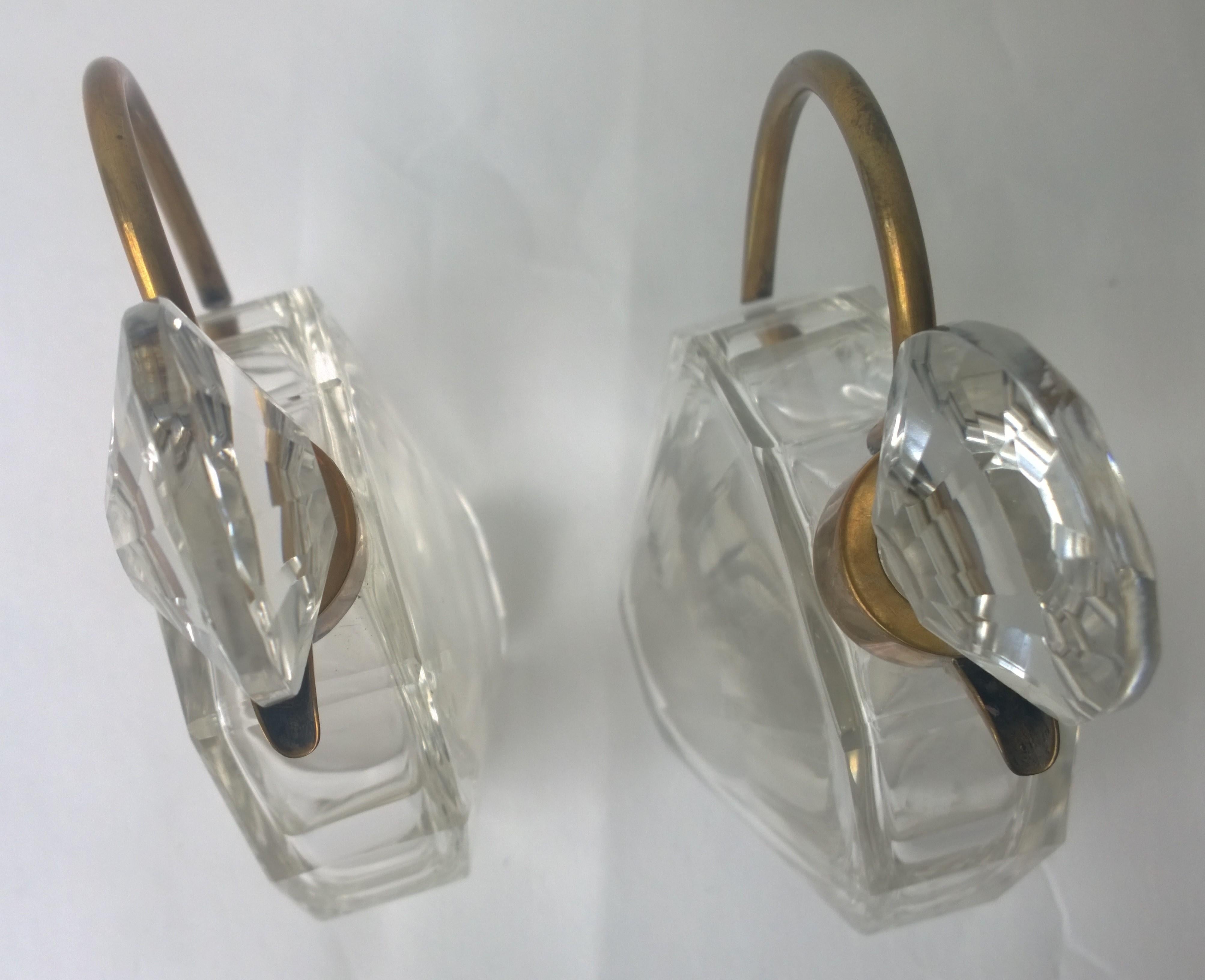 Pair of Art Deco Faceted Glass and Brass Petite Decanters 5