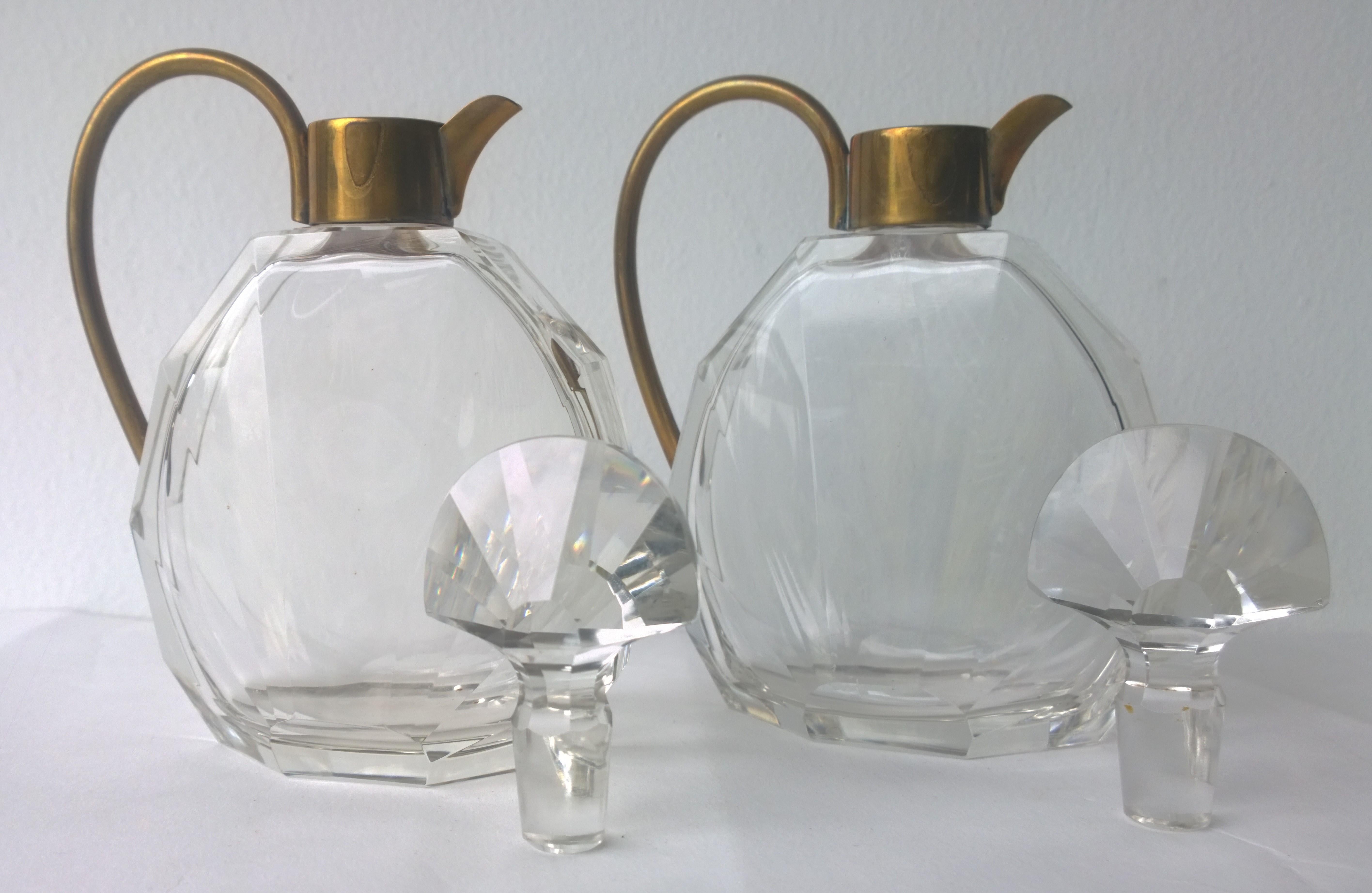 Pair of Art Deco Faceted Glass and Brass Petite Decanters 6