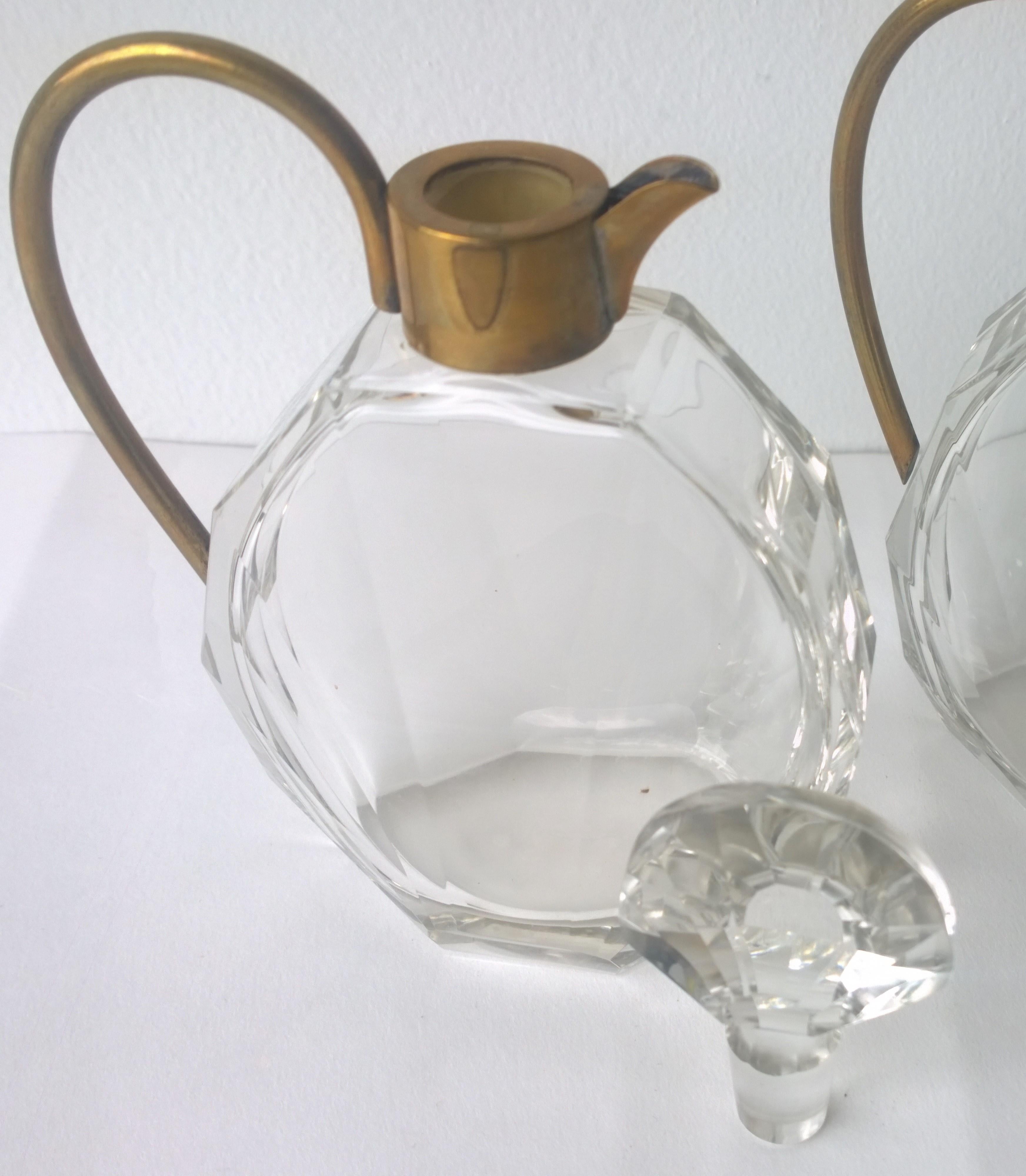 Pair of Art Deco Faceted Glass and Brass Petite Decanters 7