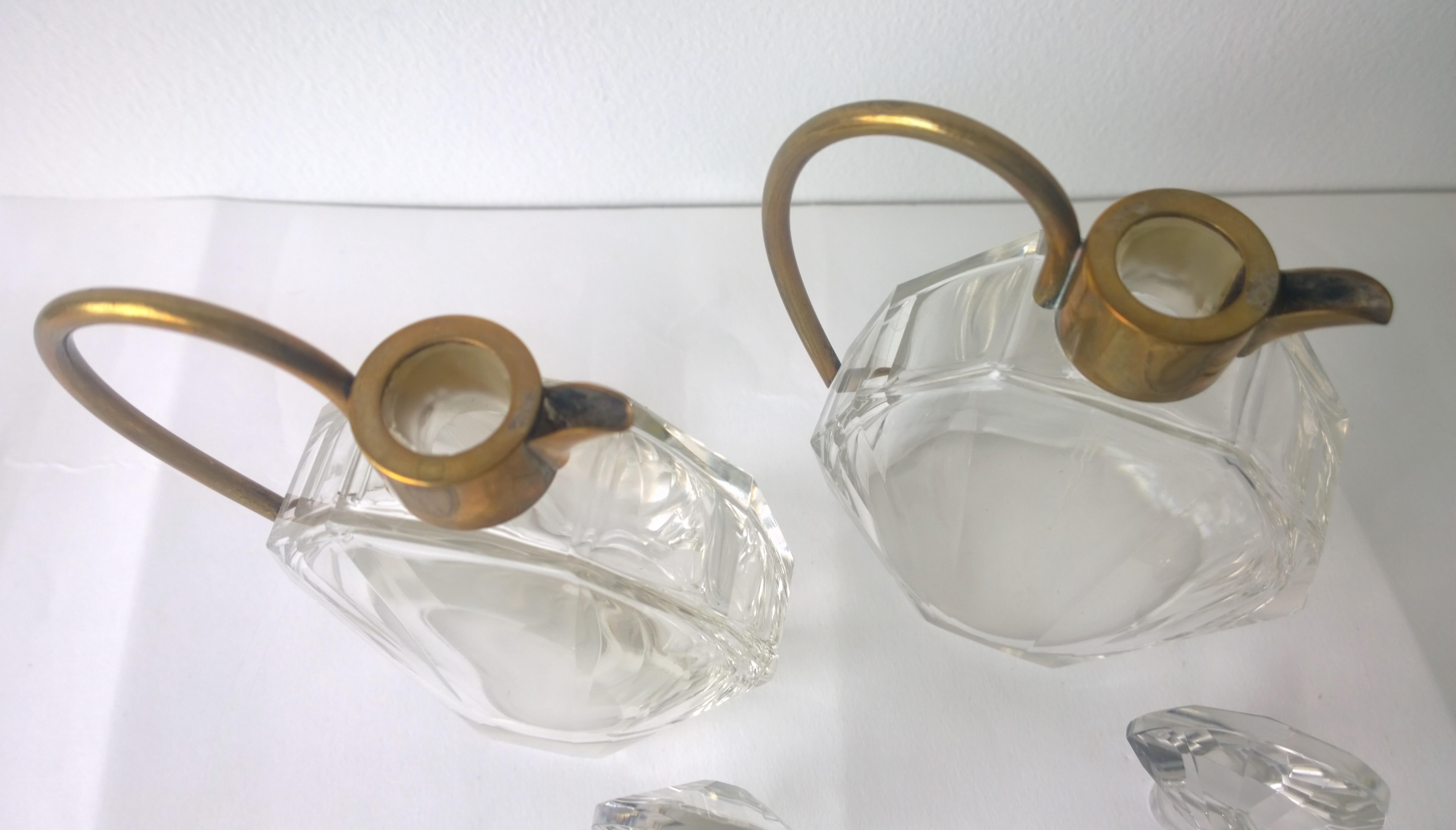 Pair of Art Deco Faceted Glass and Brass Petite Decanters 8