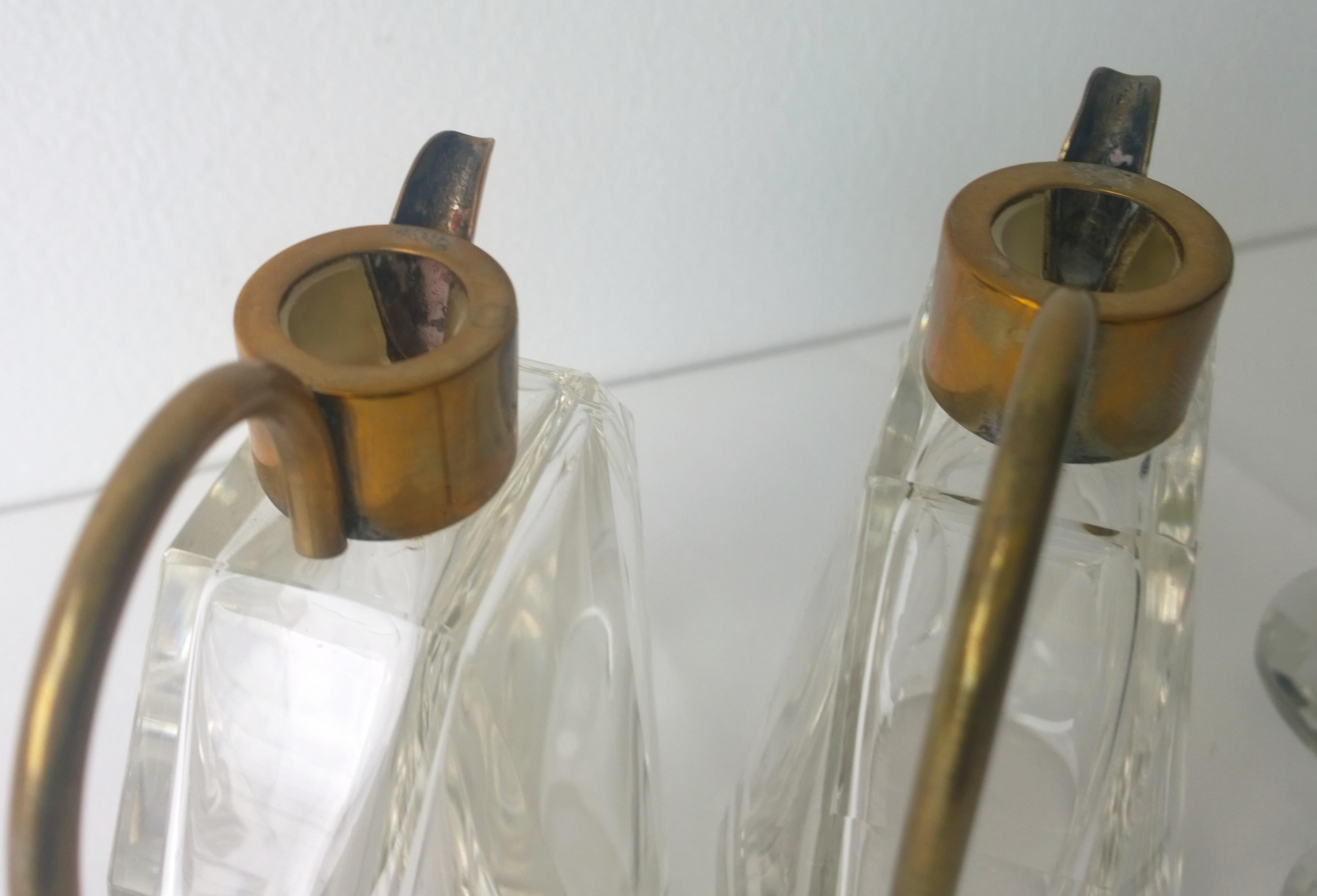 Pair of Art Deco Faceted Glass and Brass Petite Decanters 10
