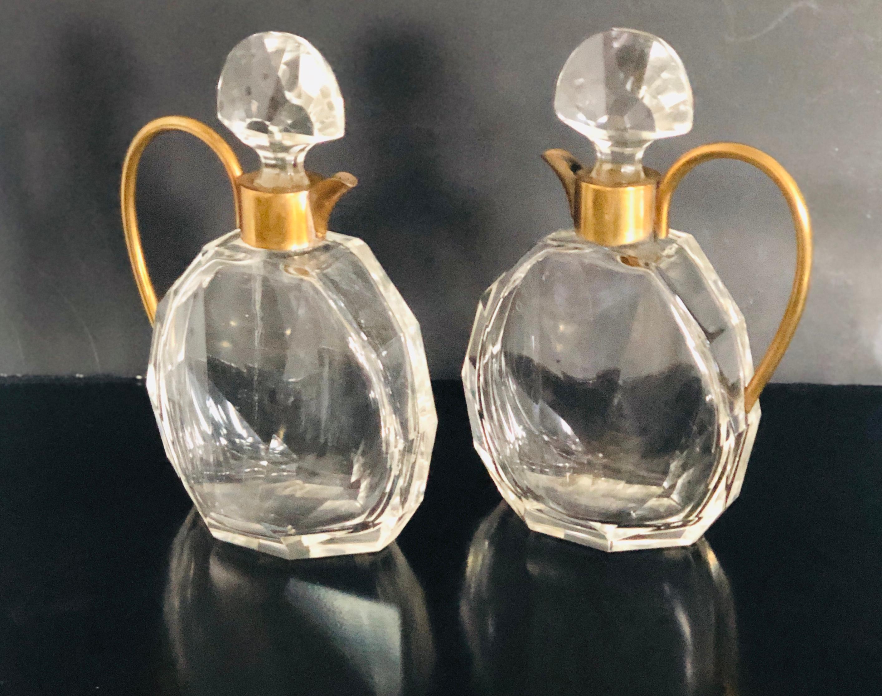 Pair of Art Deco Faceted Glass and Brass Petite Decanters 12