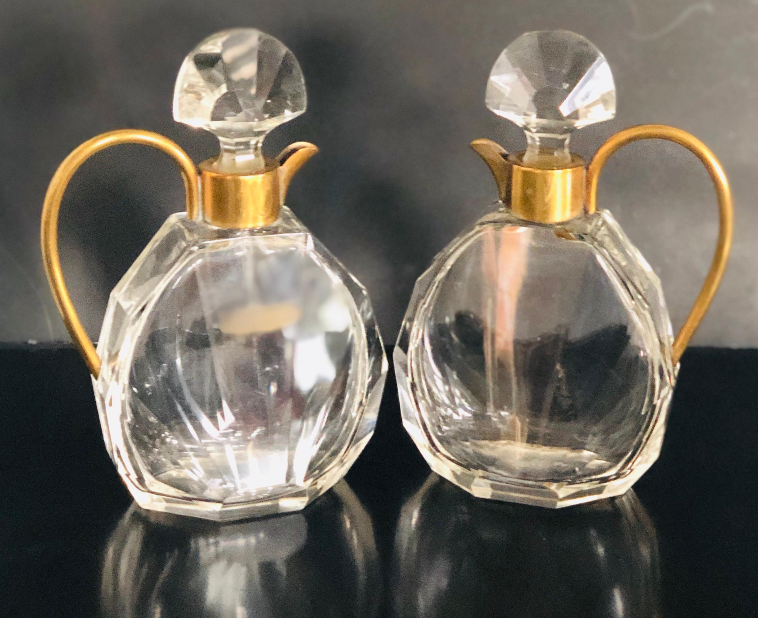 Pair of Art Deco Faceted Glass and Brass Petite Decanters 13