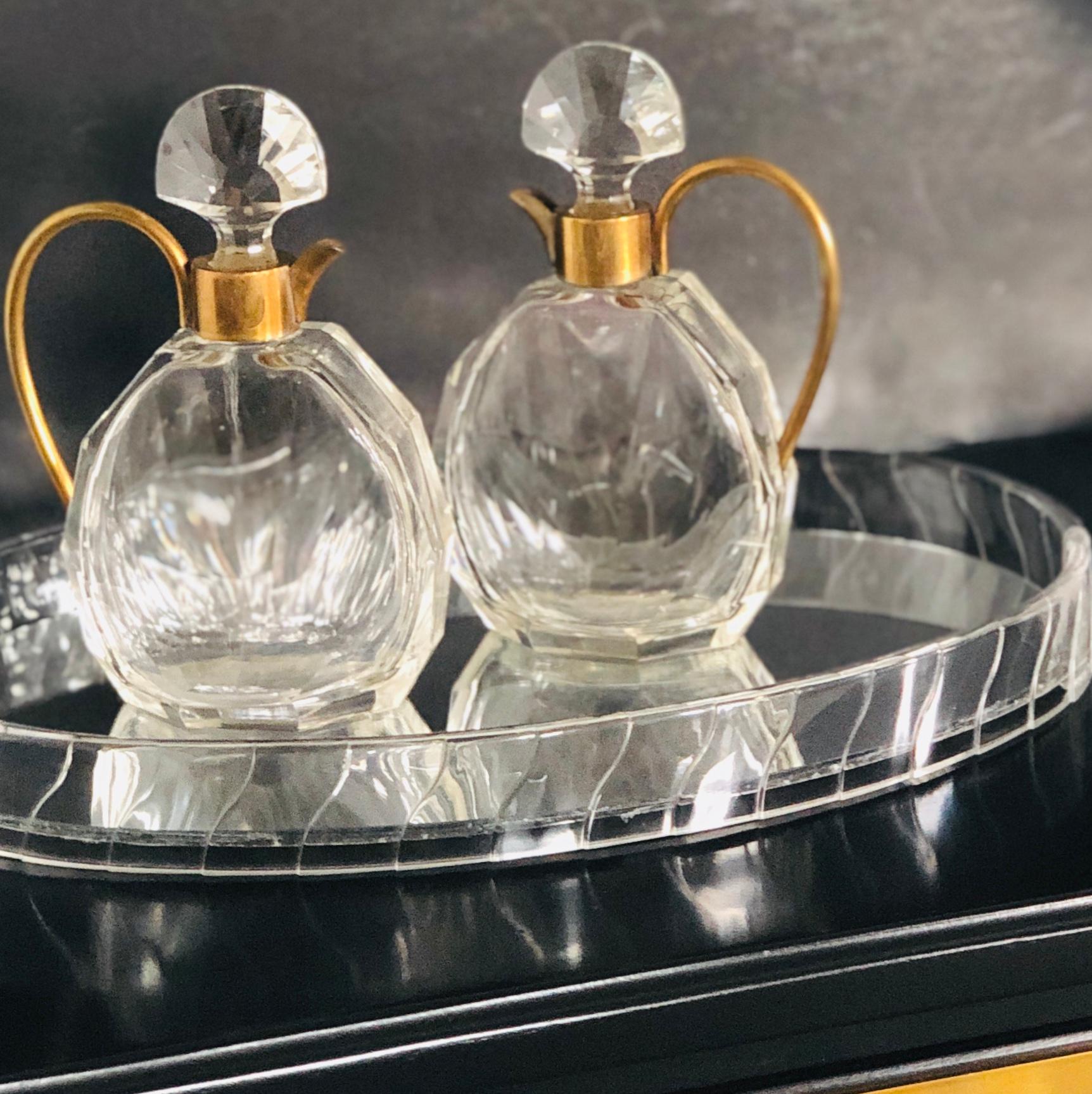 Pair of Art Deco Faceted Glass and Brass Petite Decanters 14