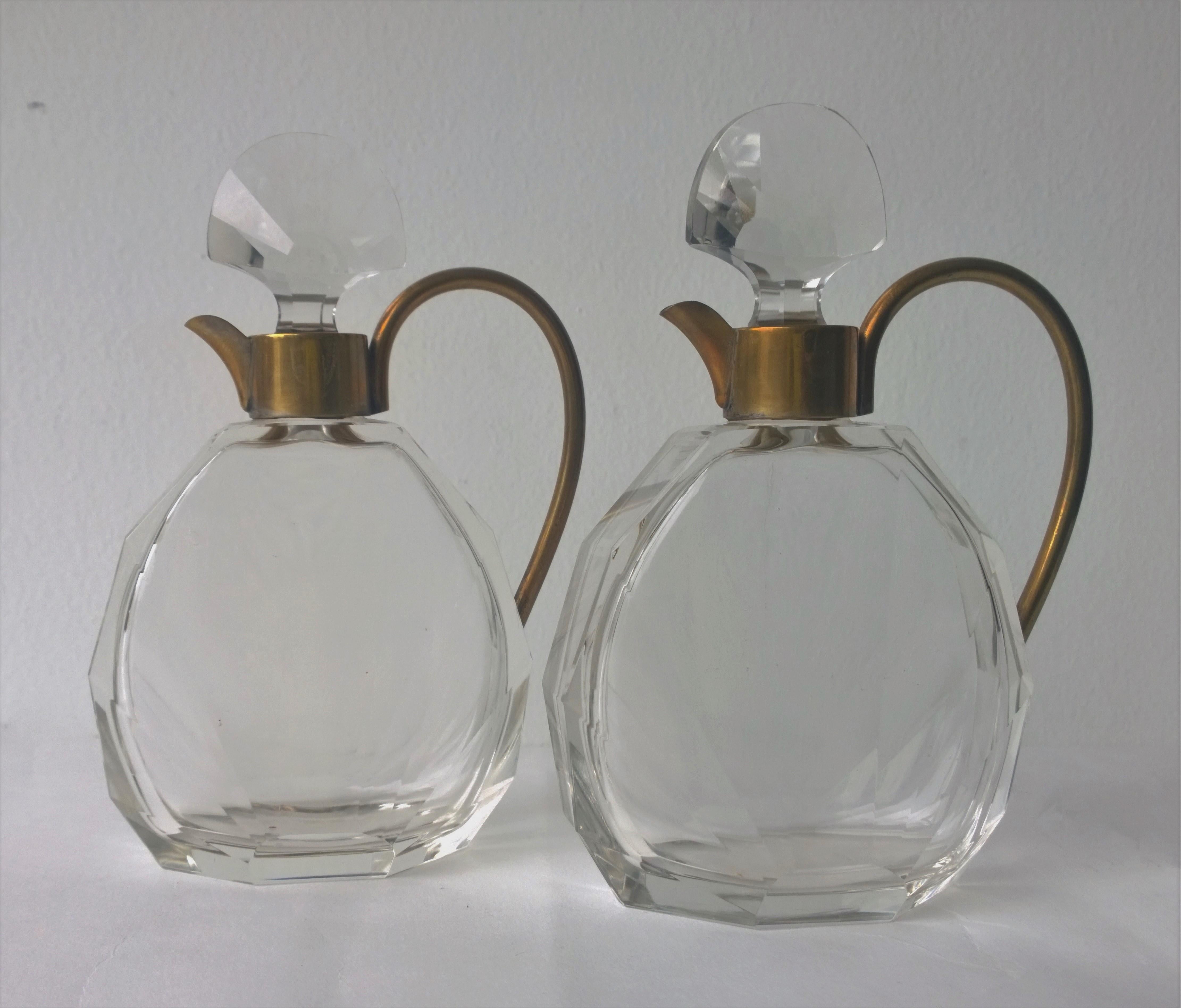 French Pair of Art Deco Faceted Glass and Brass Petite Decanters