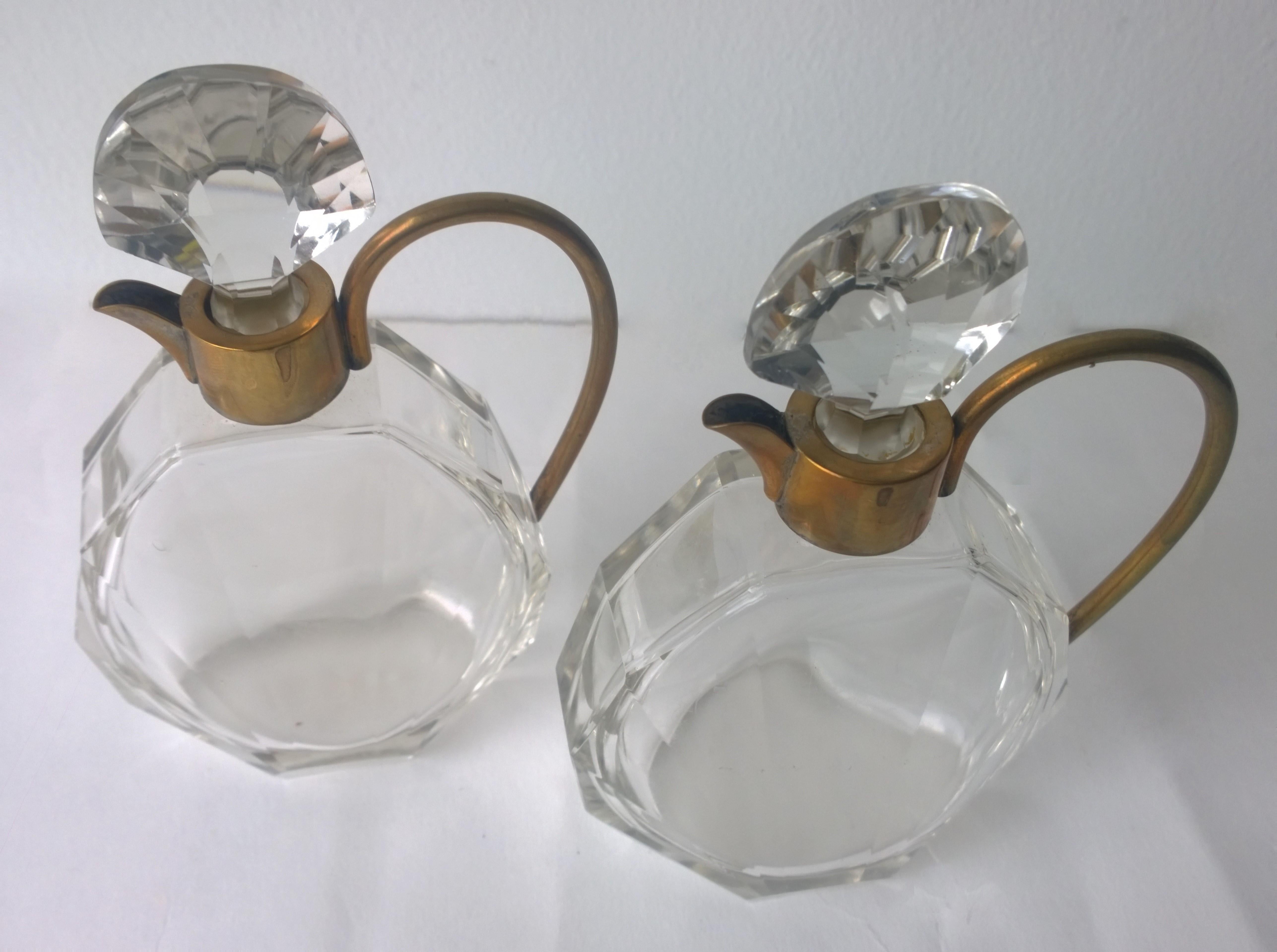Pair of Art Deco Faceted Glass and Brass Petite Decanters In Good Condition In Houston, TX
