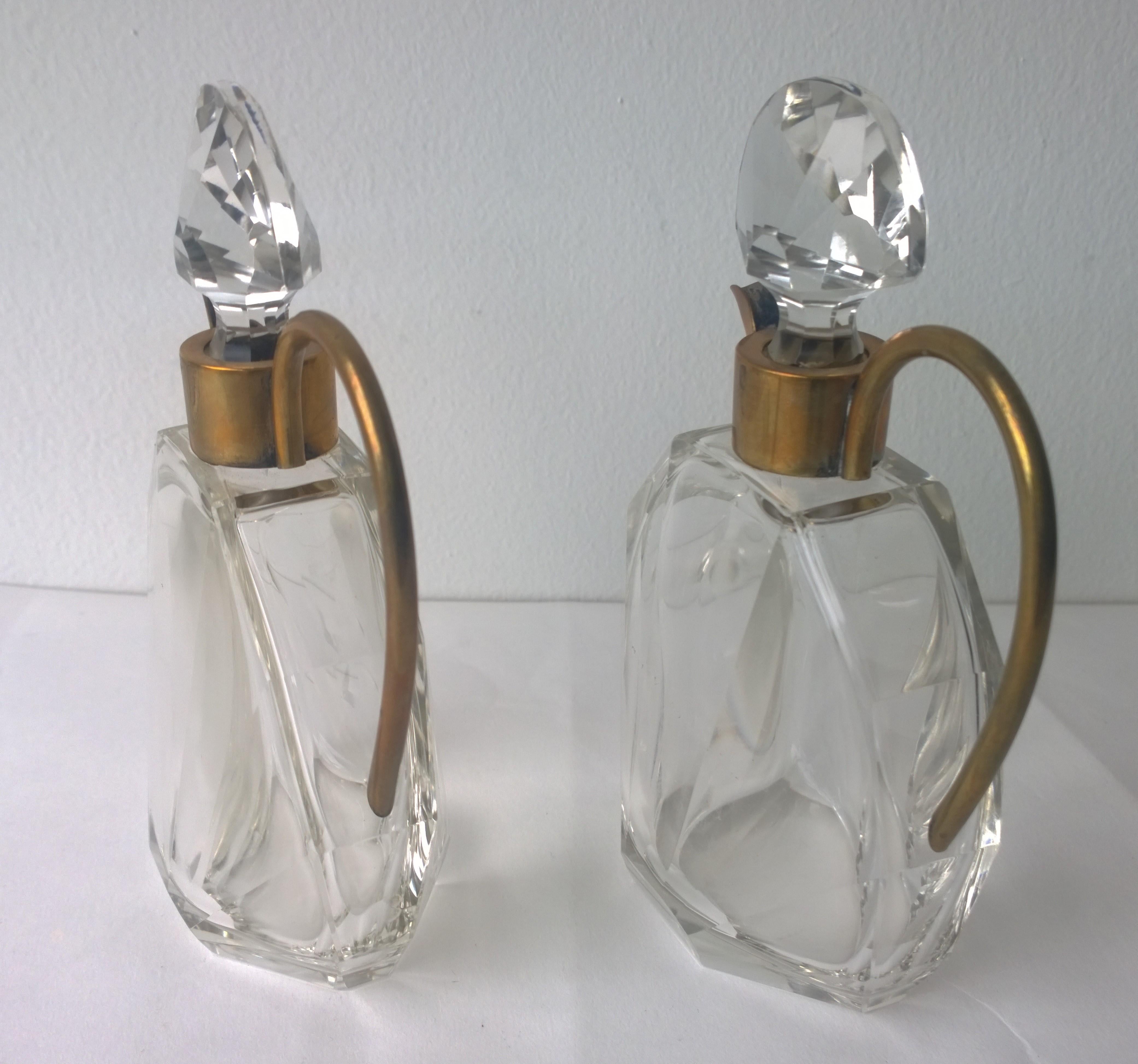 20th Century Pair of Art Deco Faceted Glass and Brass Petite Decanters