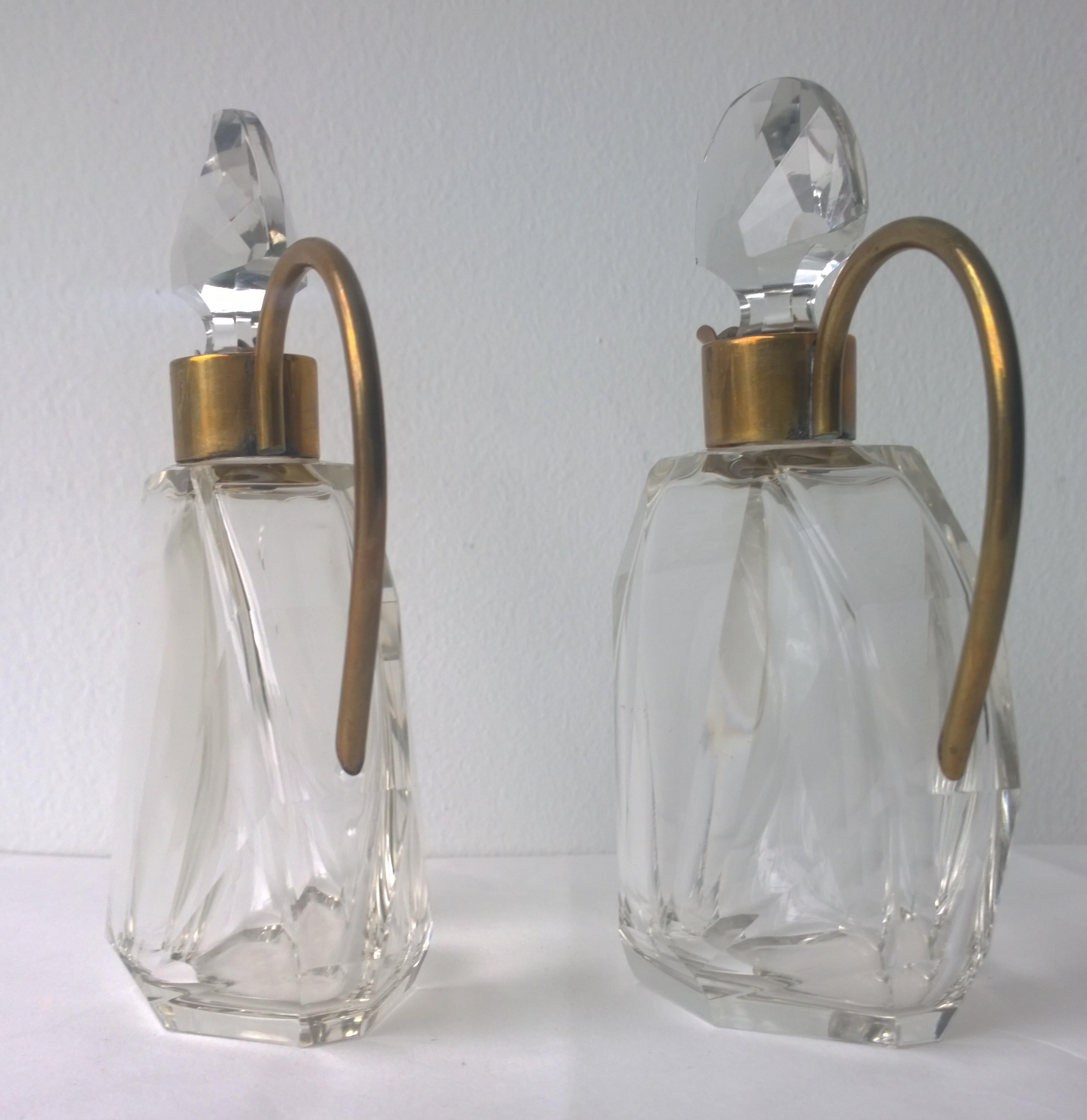 Pair of Art Deco Faceted Glass and Brass Petite Decanters 1