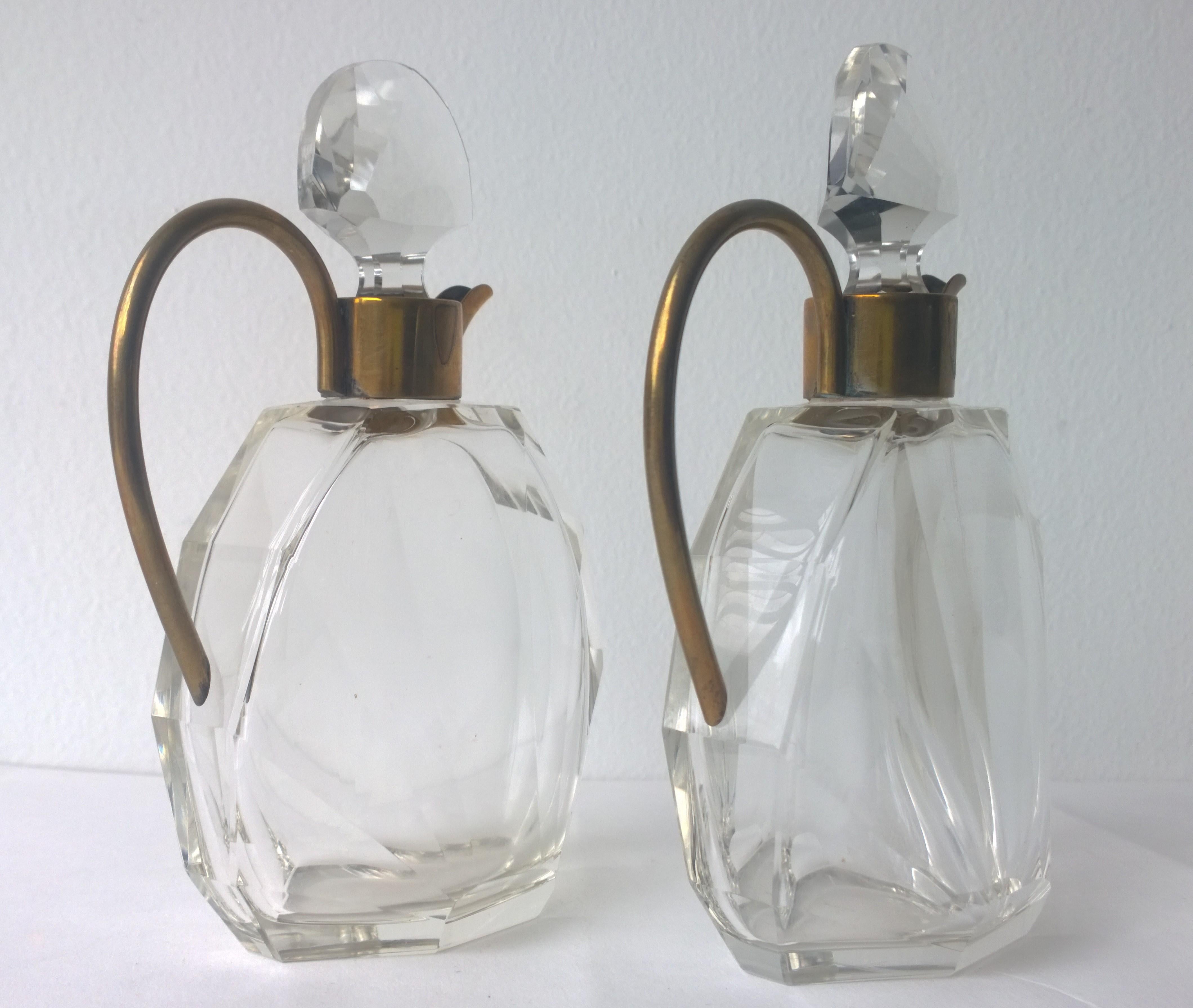 Pair of Art Deco Faceted Glass and Brass Petite Decanters 2