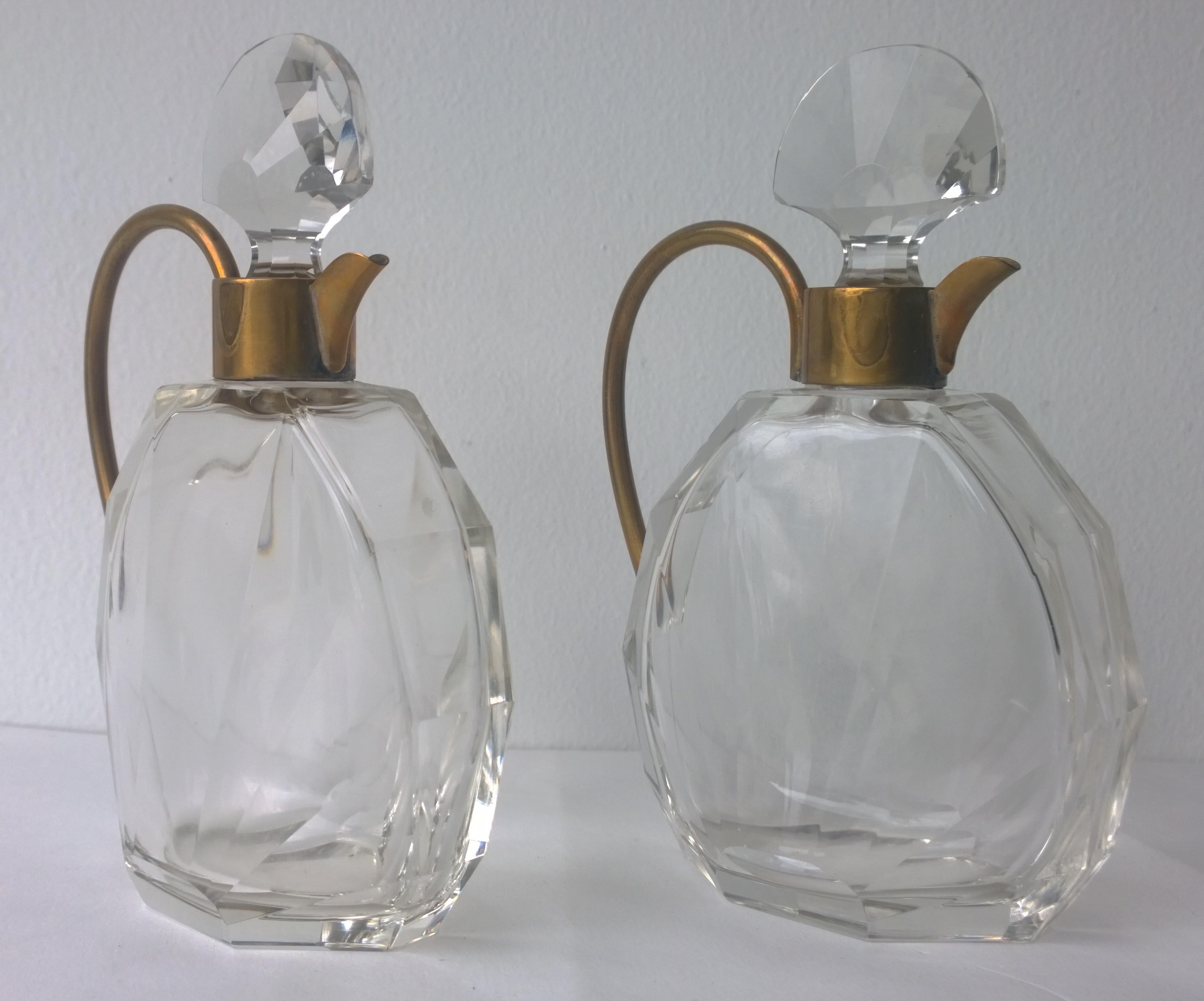 Pair of Art Deco Faceted Glass and Brass Petite Decanters 3