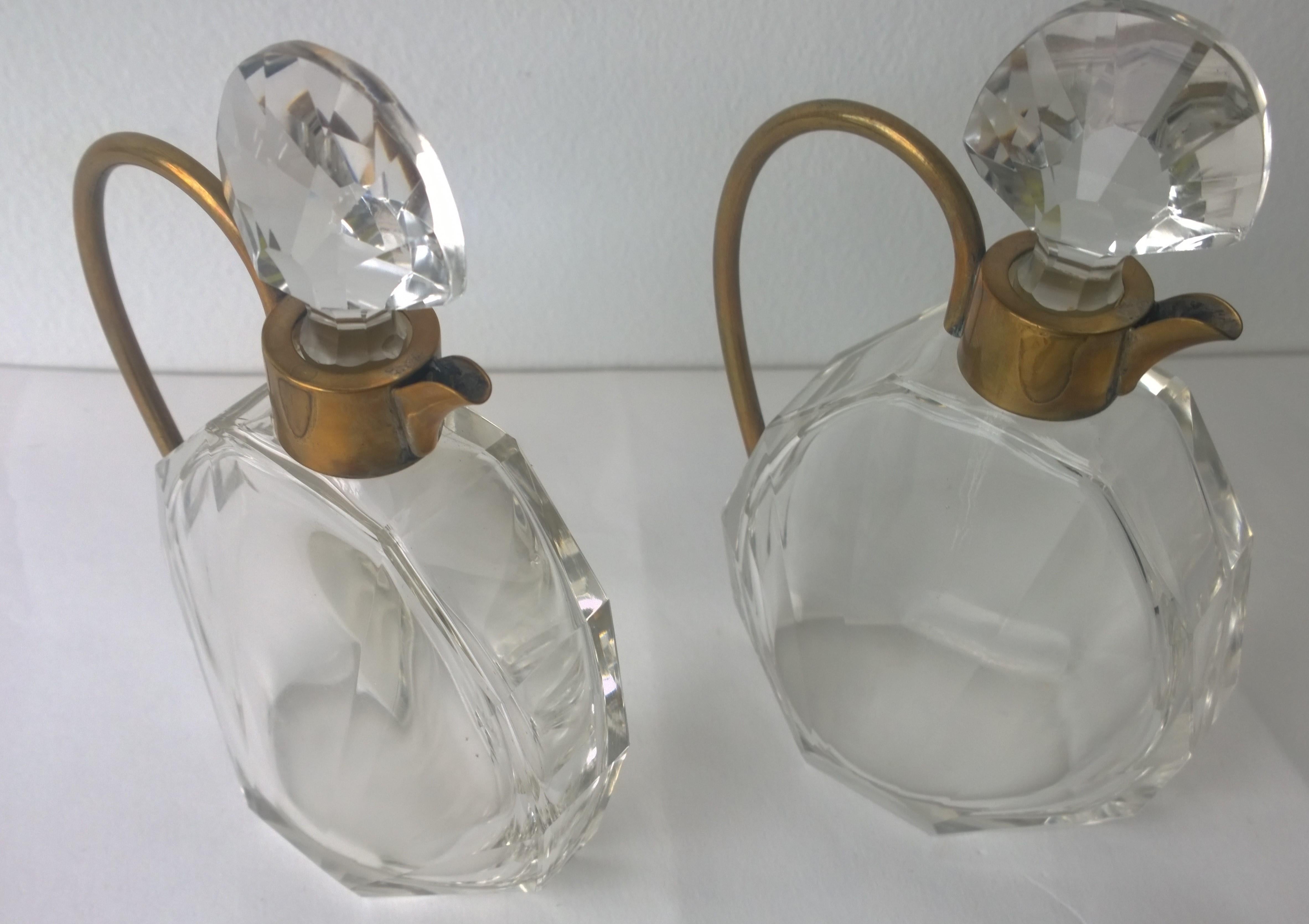 Pair of Art Deco Faceted Glass and Brass Petite Decanters 4