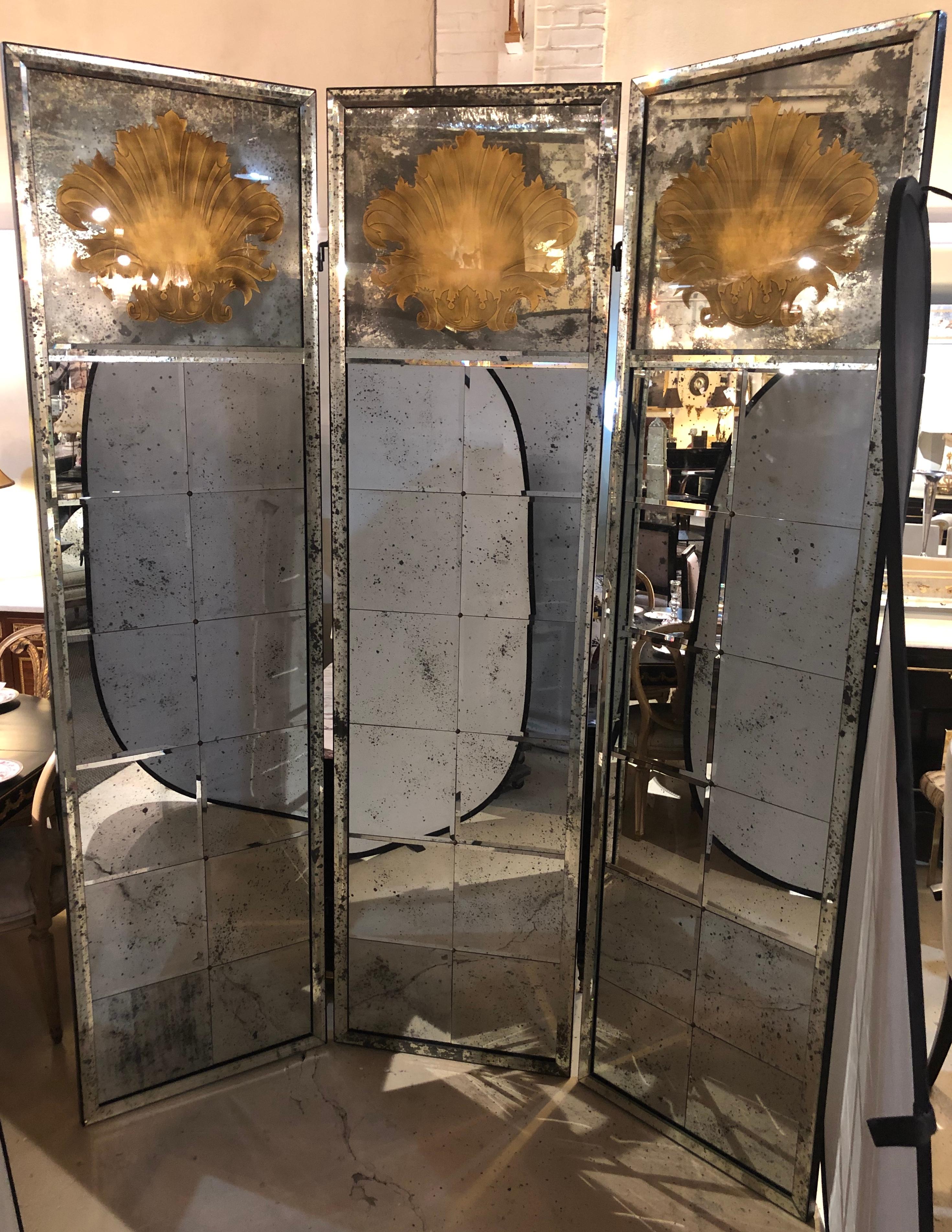 Pair of Art Deco Fashioned Three-Panel Mirrored Room Dividers or Folding Screens For Sale 7