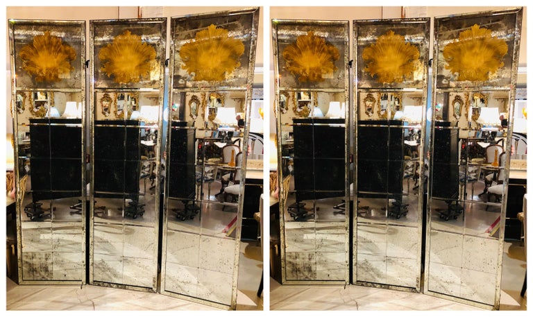 Pair Of Art Deco Fashioned Three Panel Mirrored Room Dividers Or Folding Screens