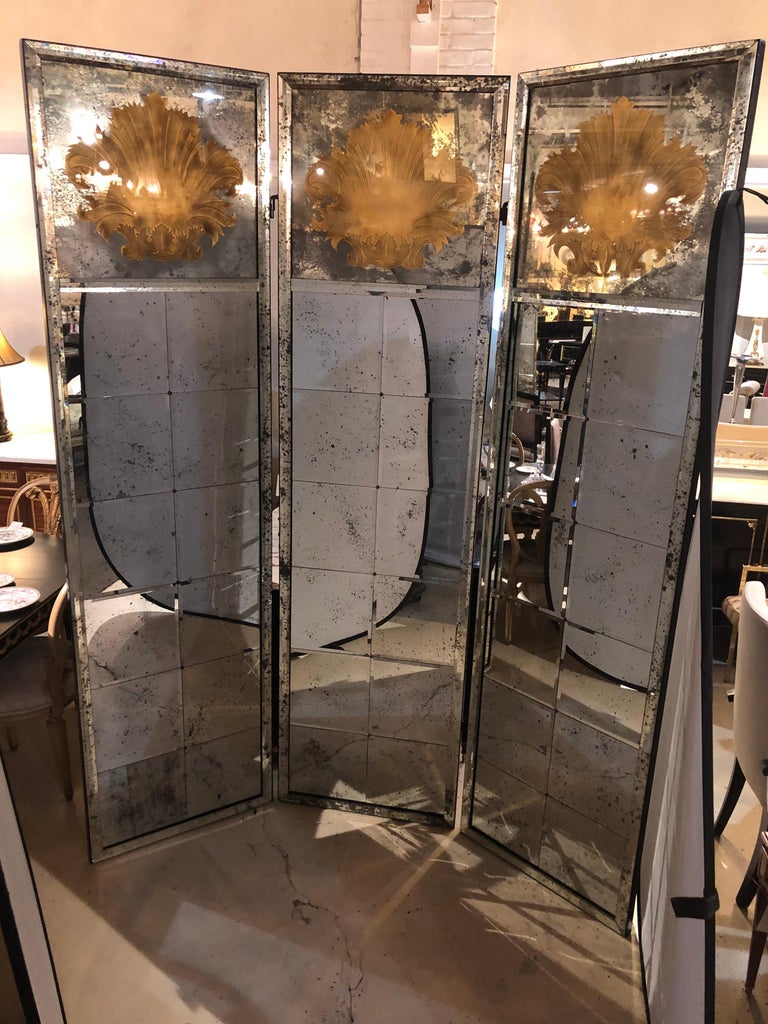 Pair of Art Deco Fashioned ThreePanel Mirrored Room Dividers or