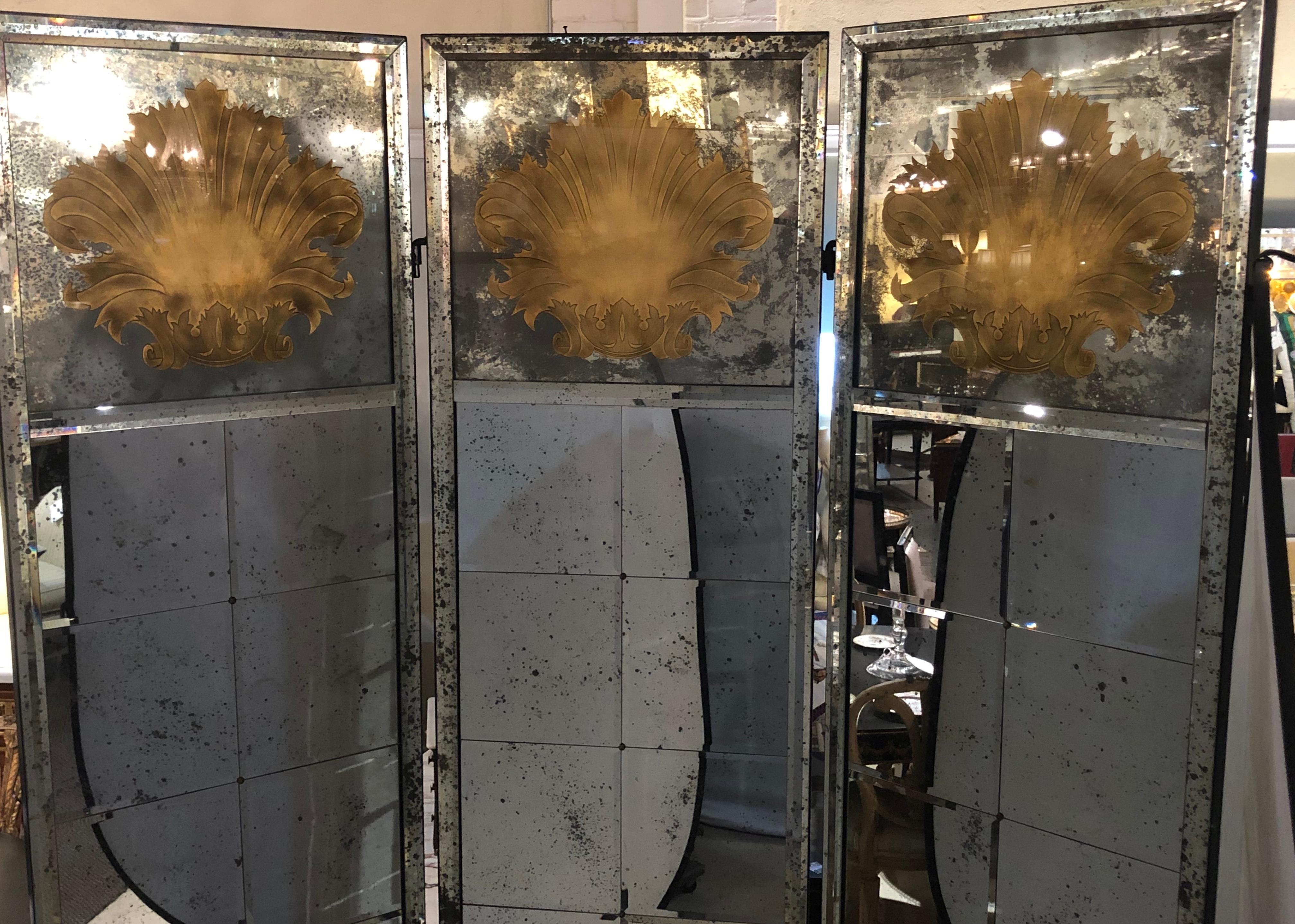 20th Century Pair of Art Deco Fashioned Three-Panel Mirrored Room Dividers or Folding Screens For Sale