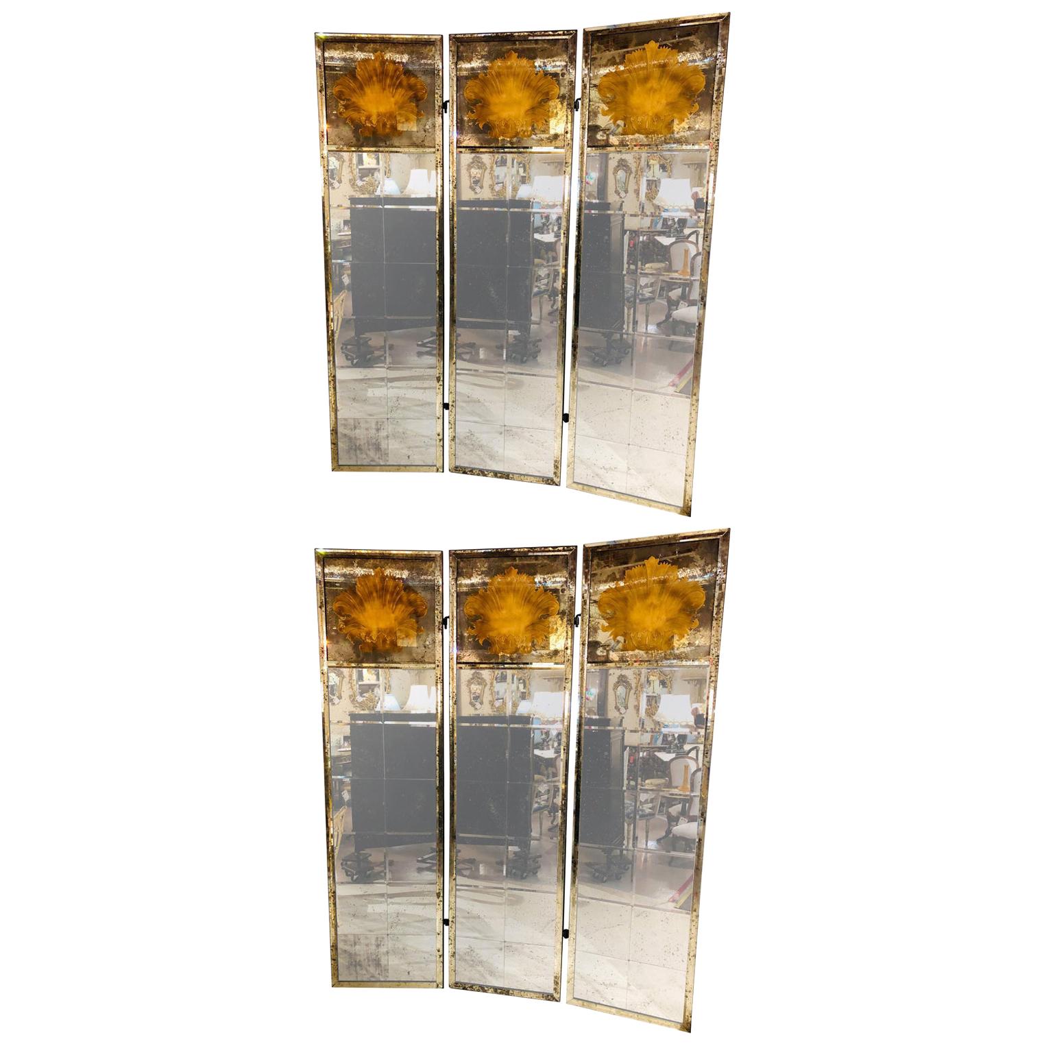 Pair of Art Deco Fashioned Three-Panel Mirrored Room Dividers or Folding Screens