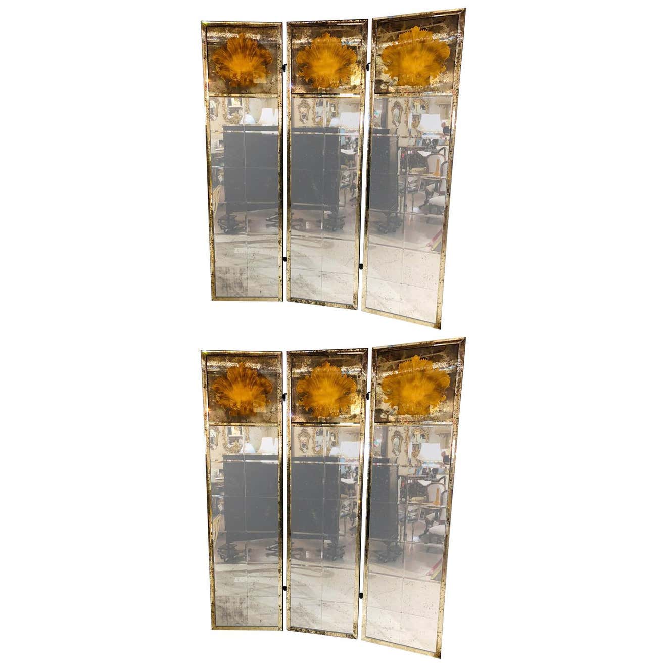 Pair of Art Deco Fashioned Three-Panel Mirrored Room Dividers or ...