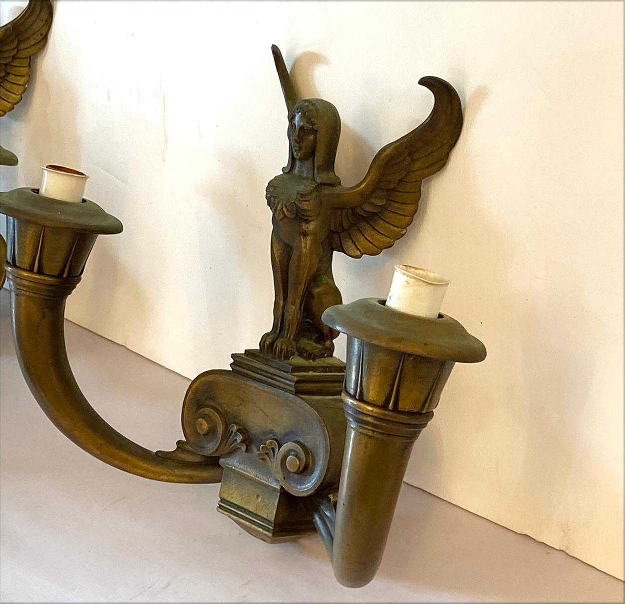 Pair of art Deco Figural Bronze wall Sconces In Good Condition For Sale In West Palm Beach, FL