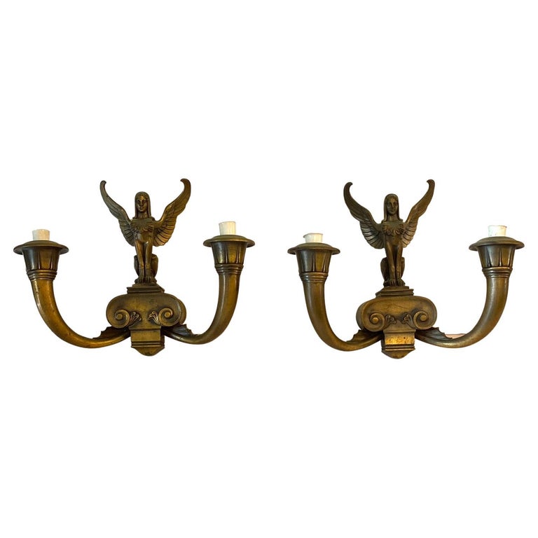 Pair of art Deco Figural Bronze wall Sconces For Sale at 1stDibs
