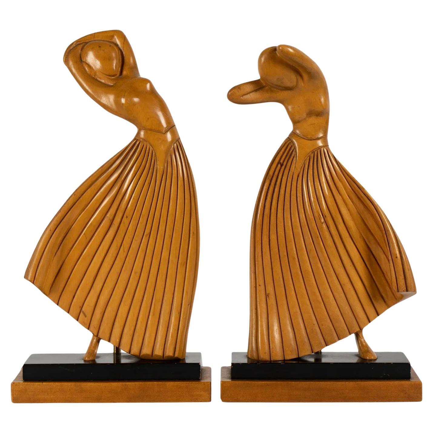 Paire de lampes de table Art Deco Figural Dancer en Wood Carved Circa 1920's en vente