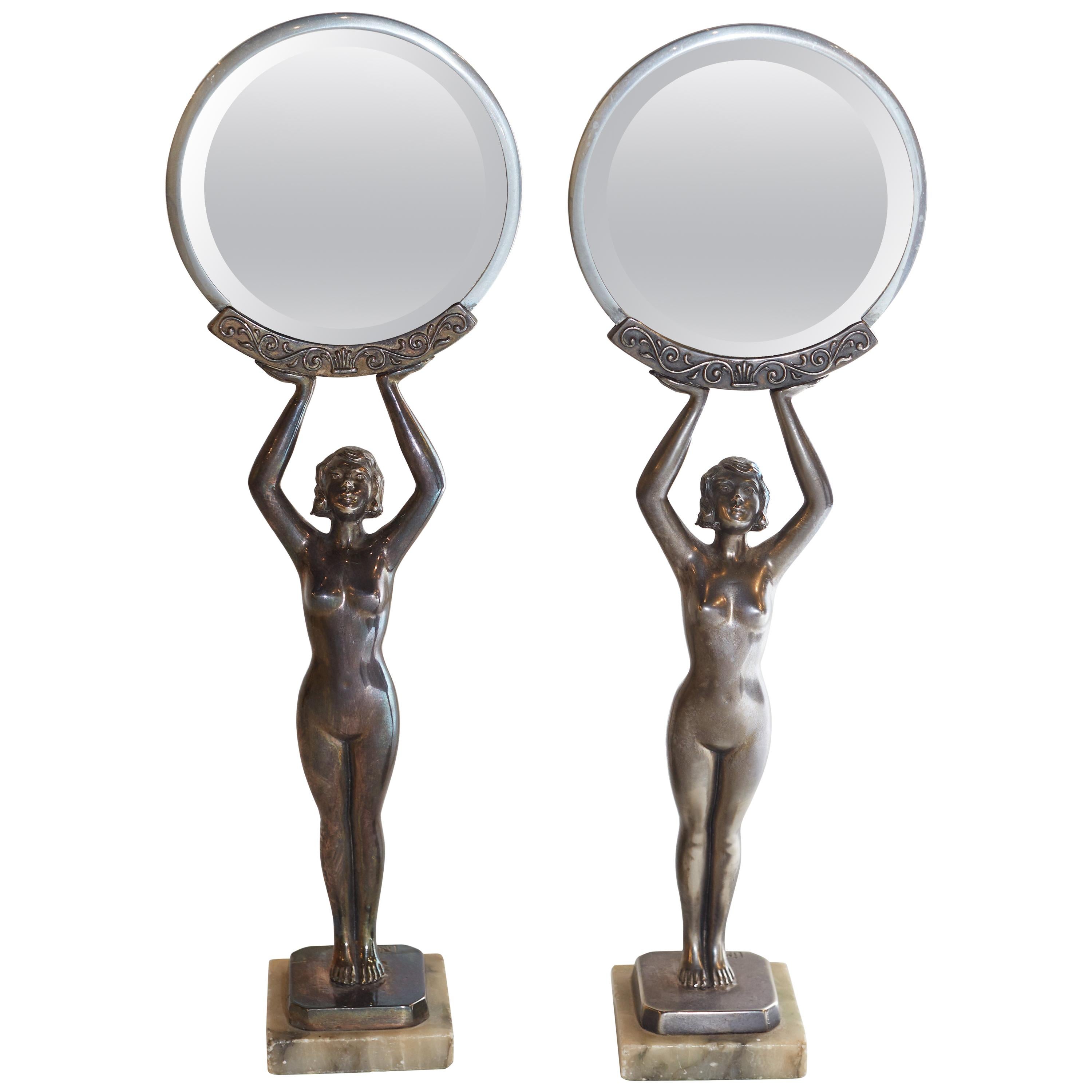 Pair of Art Deco Figural Silvered Metal Boudoir Table Mirrors by Limousin