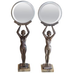 Pair of Art Deco Figural Silvered Metal Boudoir Table Mirrors by Limousin