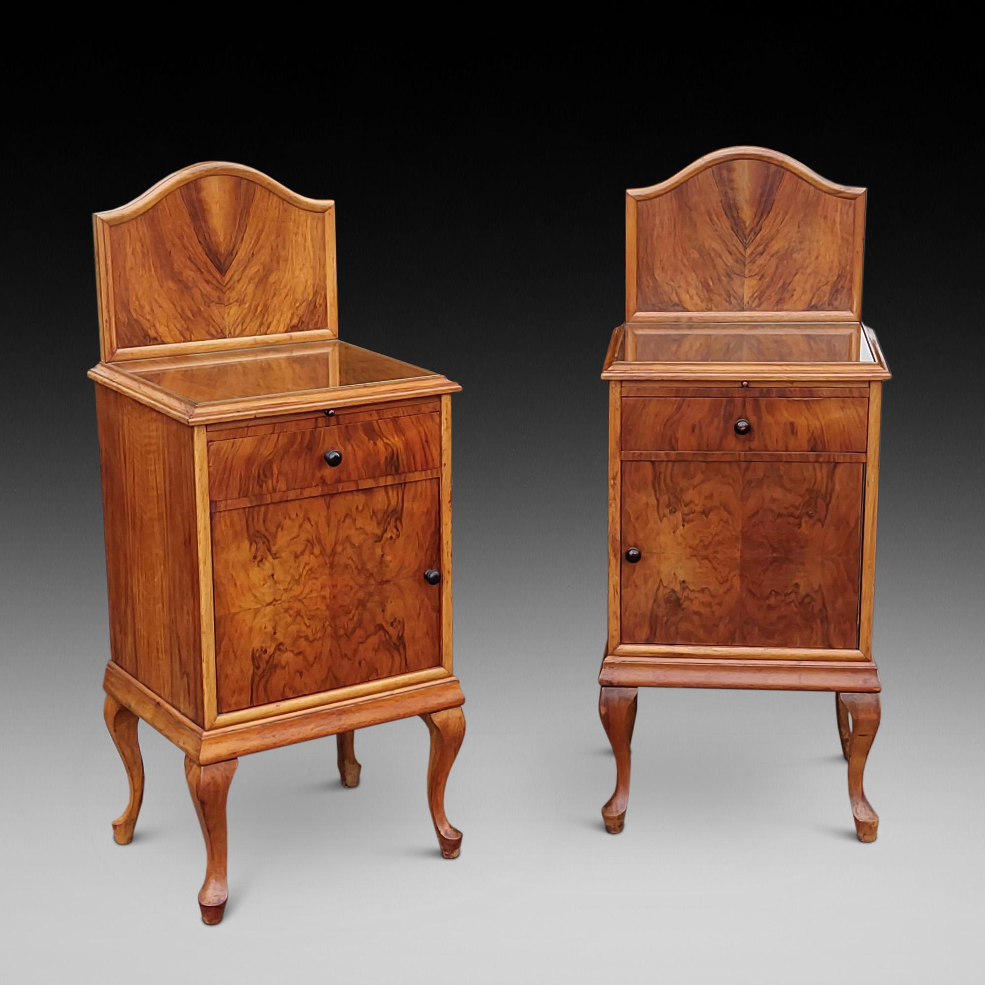 Pair of Art Deco Figured Walnut Bedside Cabinets on cabriole legs with porcelain lined cupboards c1930 - 17