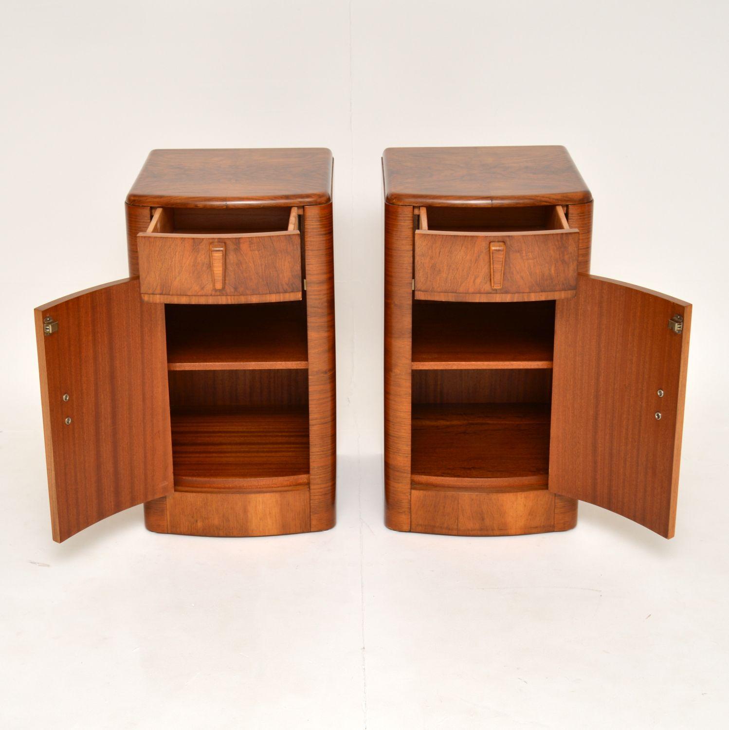English Pair of Art Deco Figured Walnut Bedside Cabinets