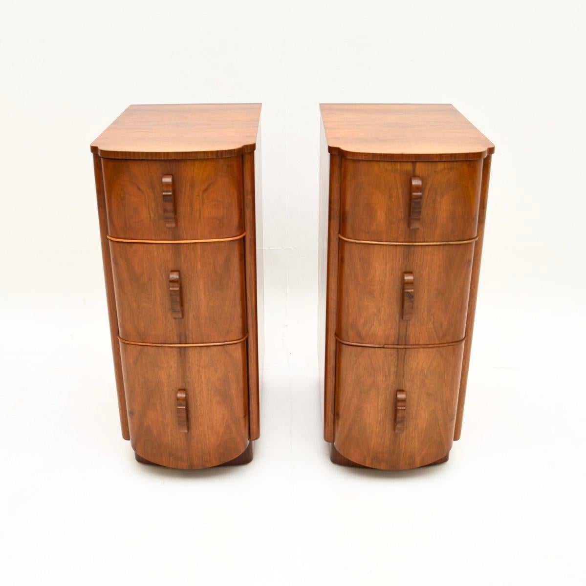 A stunning pair of Art Deco figured walnut bedside chests. They were made in England, they date from around the 1930’s.

They are of amazing quality and are a very useful size. They are tall and narrow, offering plenty of storage space inside the