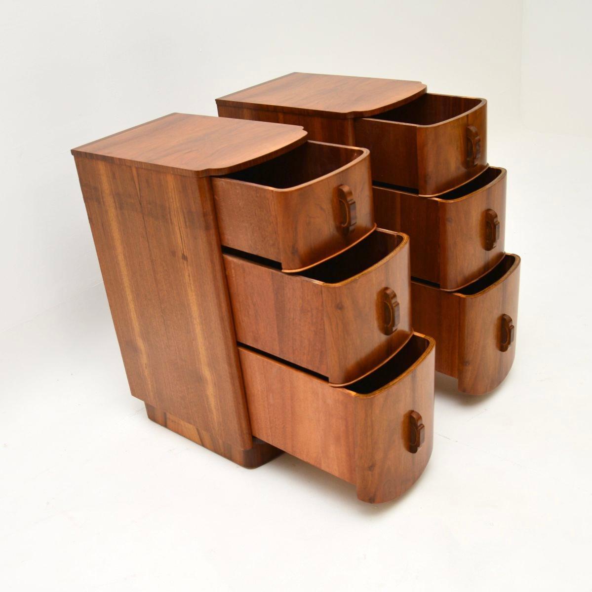 British Pair of Art Deco Figured Walnut Bedside Chests For Sale