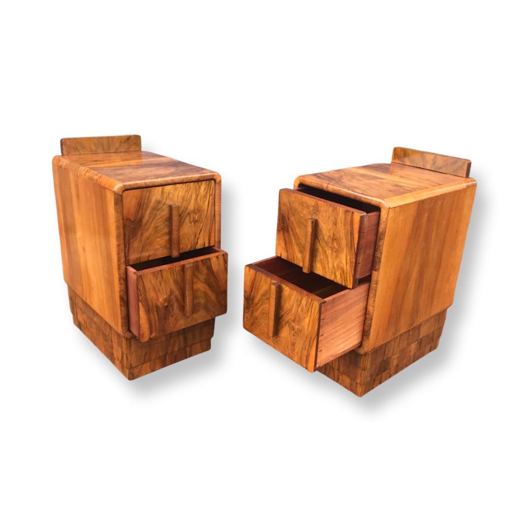 Pair of Art Deco Figured Walnut Skyscraper Nightstands / Bedside
