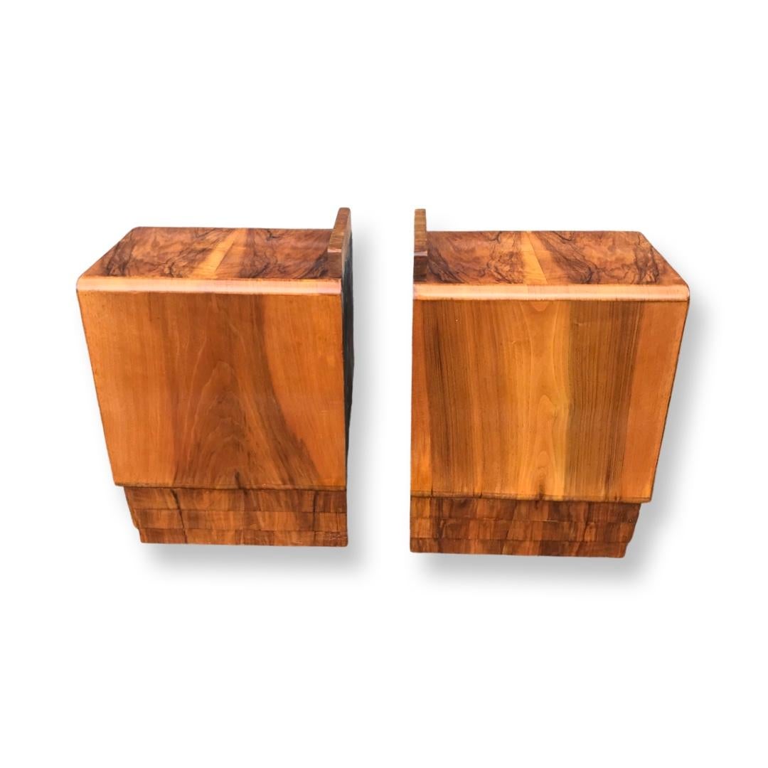 Pair of Art Deco Figured Walnut Skyscraper Nightstands / Bedside