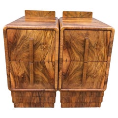 Pair of Art Deco Figured Walnut Skyscraper Nightstands / Bedside Cabinets