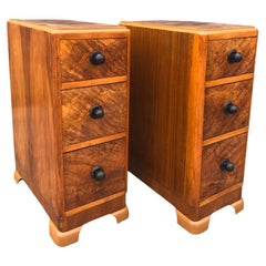Pair of Art Deco Figured Walnut Slim Nightstands/Bedside Cabinets