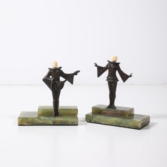 Pair of Art Deco Flapper Bookends Bronze & Bakelite on Rectilinear Onyx Base
