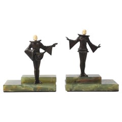 Pair of Art Deco Flapper Bookends Bronze & Bakelite on Rectilinear Onyx Base
