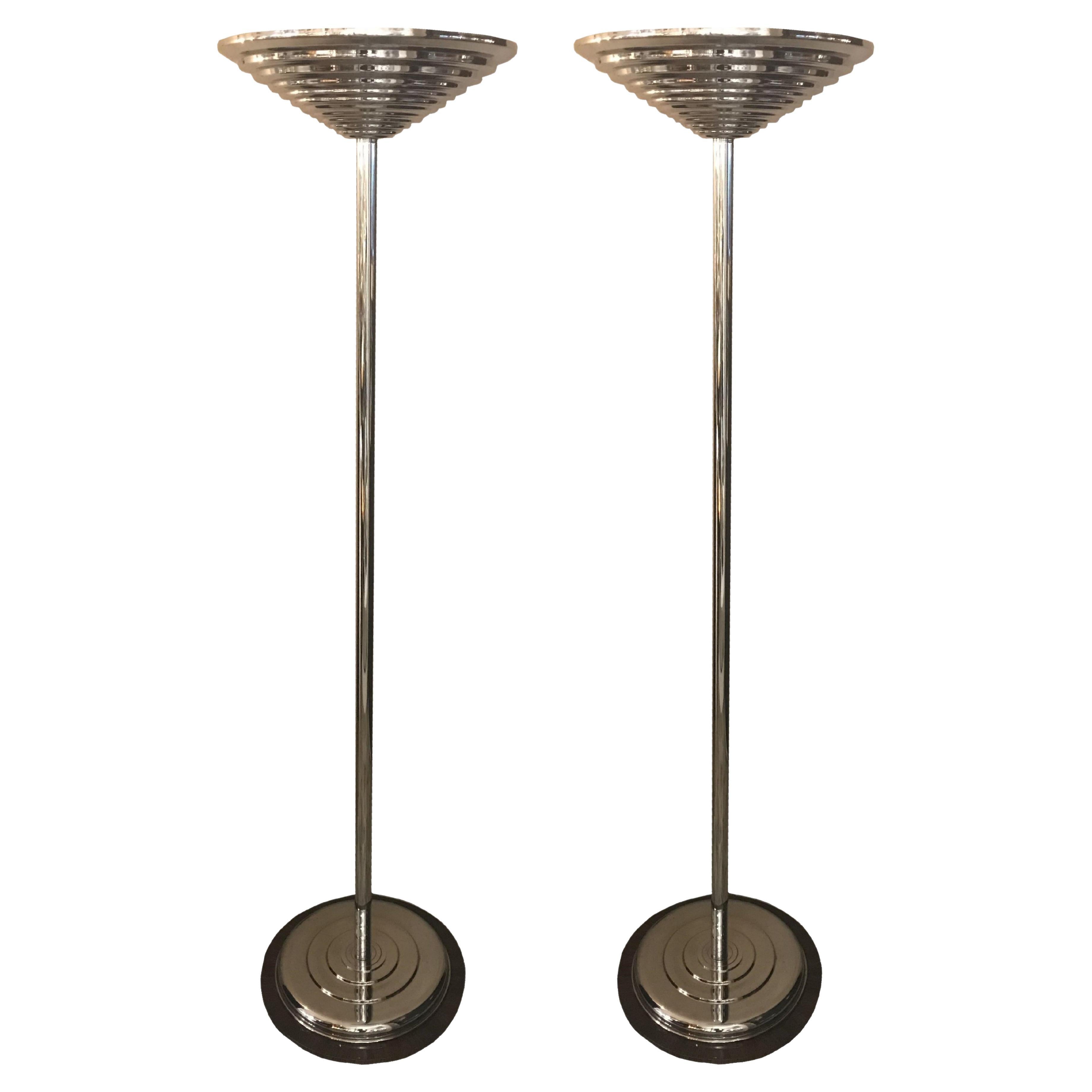 Pair of Art Deco Floor Lamps, France, Glass, Wood and Chrome, 1930