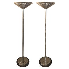 Vintage Pair of Art Deco Floor Lamps, France, Glass, Wood and Chrome, 1930