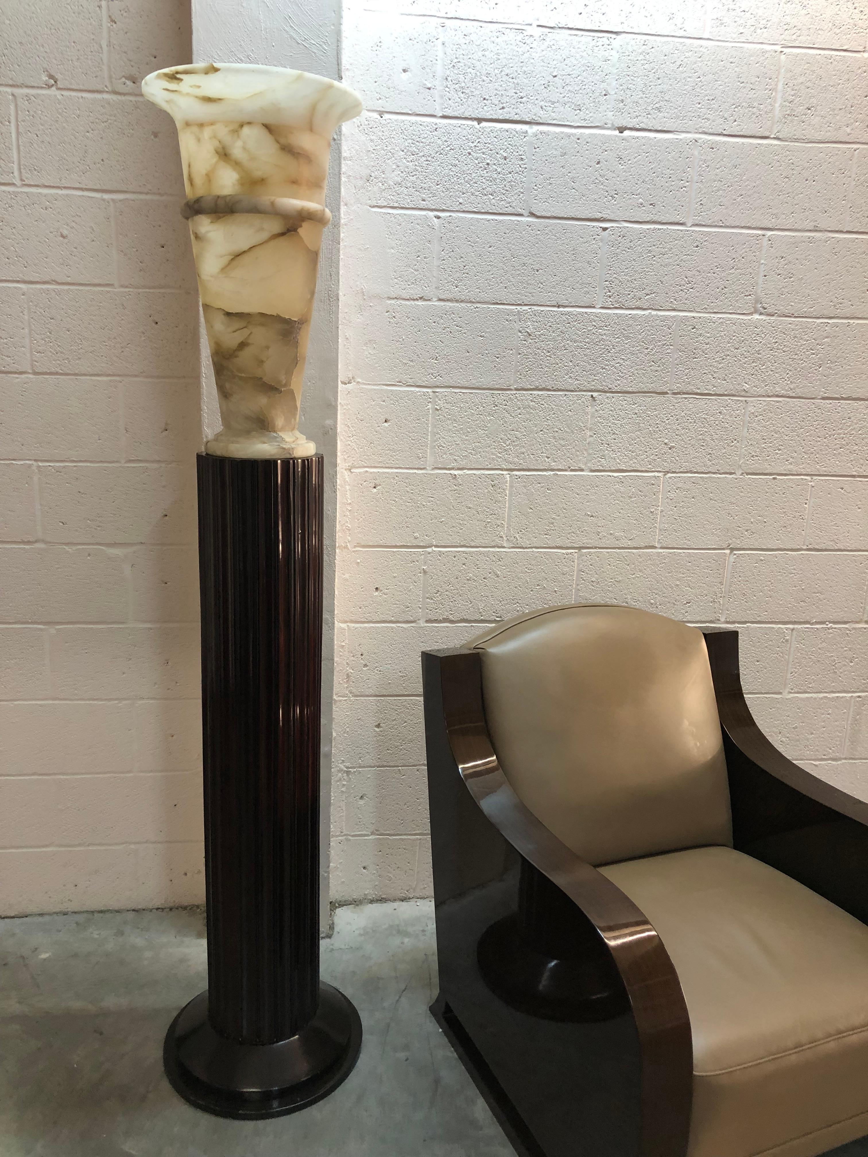 Pair of Art Deco Floor Lamps, France, Materials: Wood and Alabaster, 1930 For Sale 12