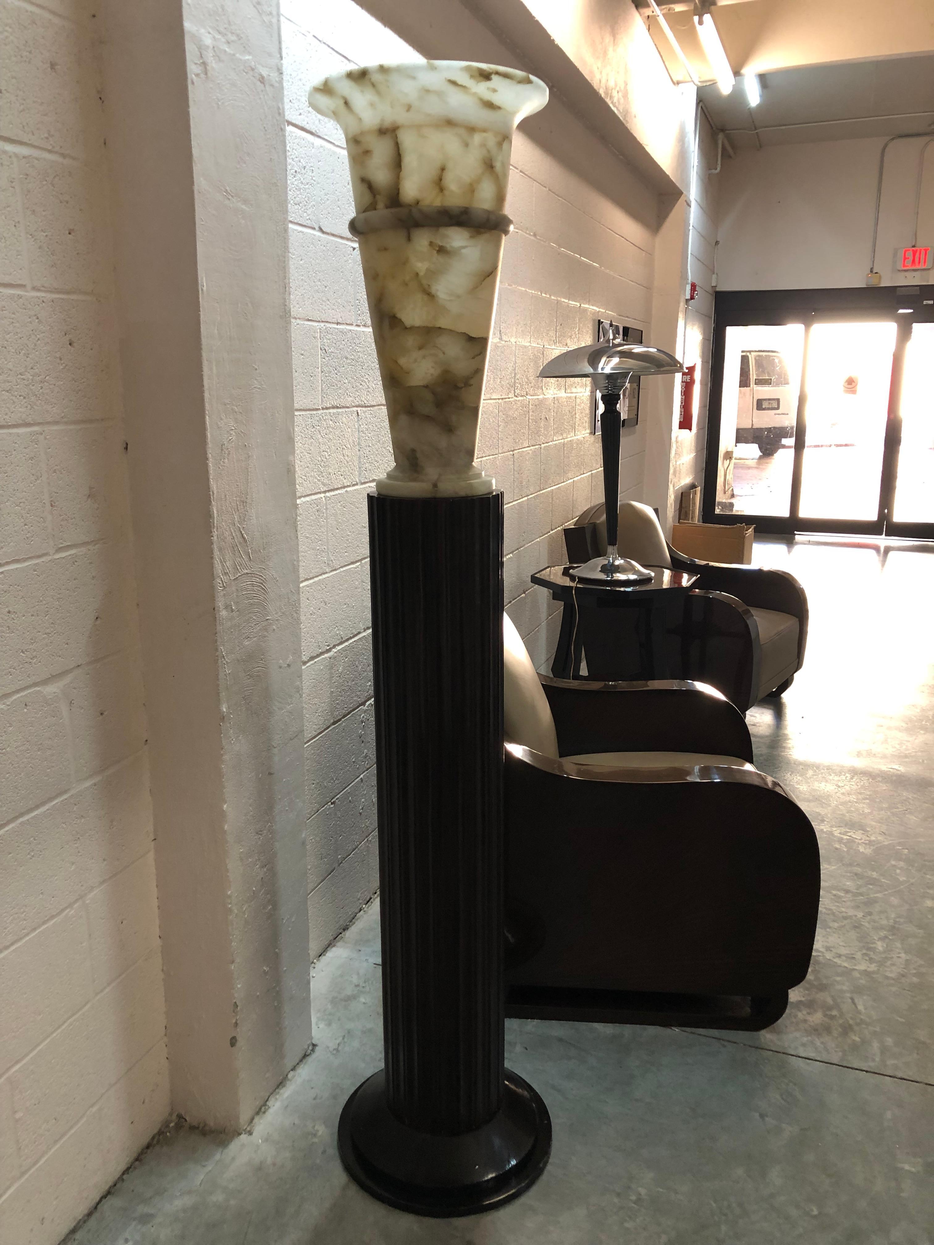 Pair of Art Deco Floor Lamps, France, Materials: Wood and Alabaster, 1930 For Sale 13