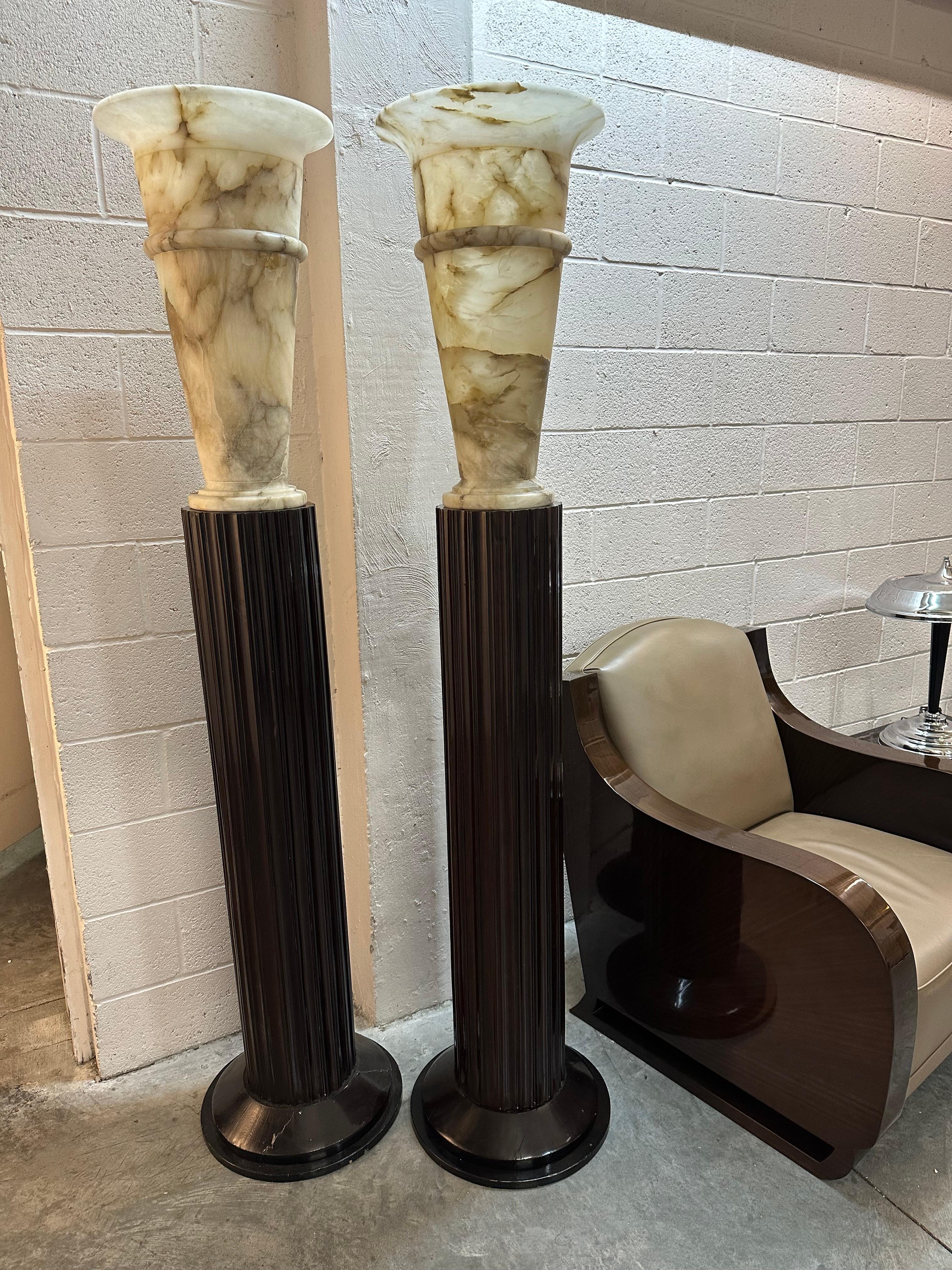 Pair of Art Deco Floor Lamps, France, Materials: Wood and Alabaster, 1930 For Sale 15