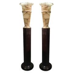 Vintage Pair of Art Deco Floor Lamps, France, Materials: Wood and Alabaster, 1930
