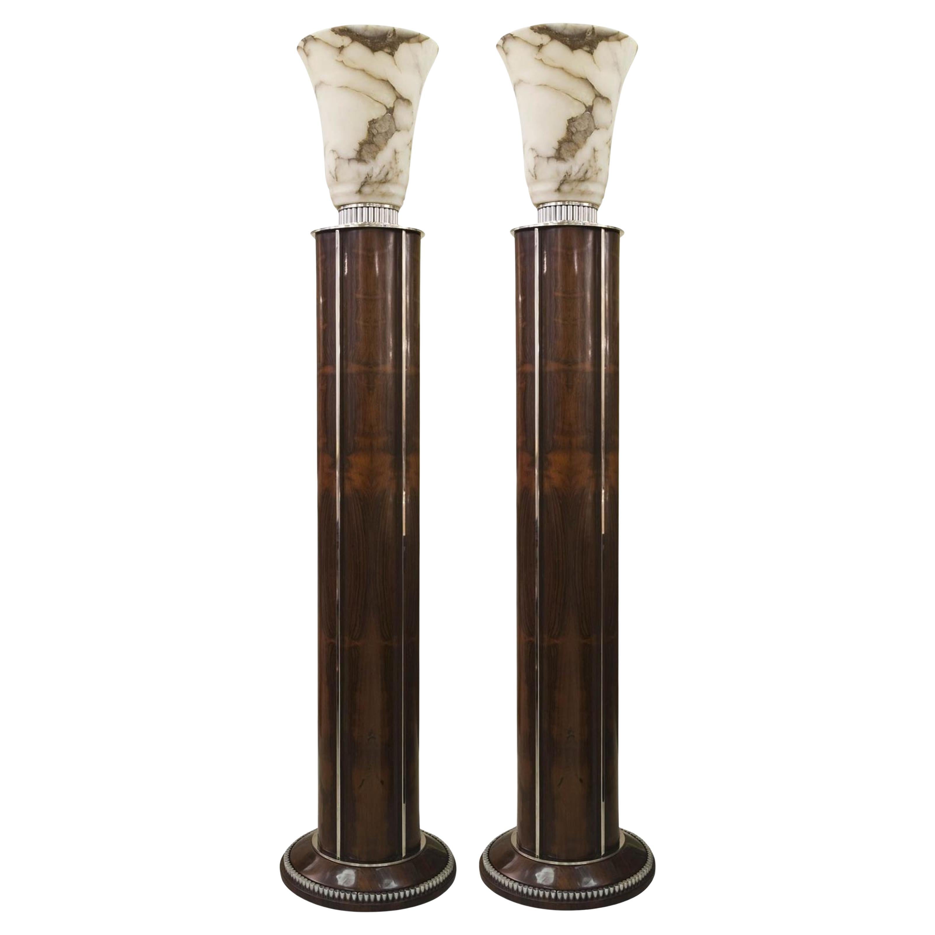 Pair of Art Deco Floor Lamps, France, Materials: Wood and Alabaster, 1930 For Sale